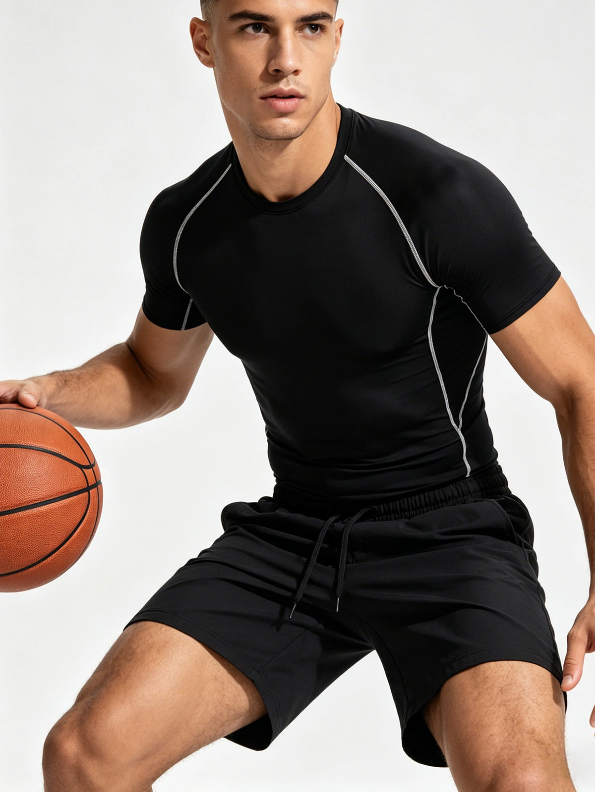 2-piece Men's Athletic Workout Set, Running, Gym Compression Gear, All-Season Wear, Breathable Quick Dry Compression Short Sleeve Training Shirt with Elastic Waistband Shorts, Activewear Outfit for Running Fitness Basketball Outdoor activities,Black