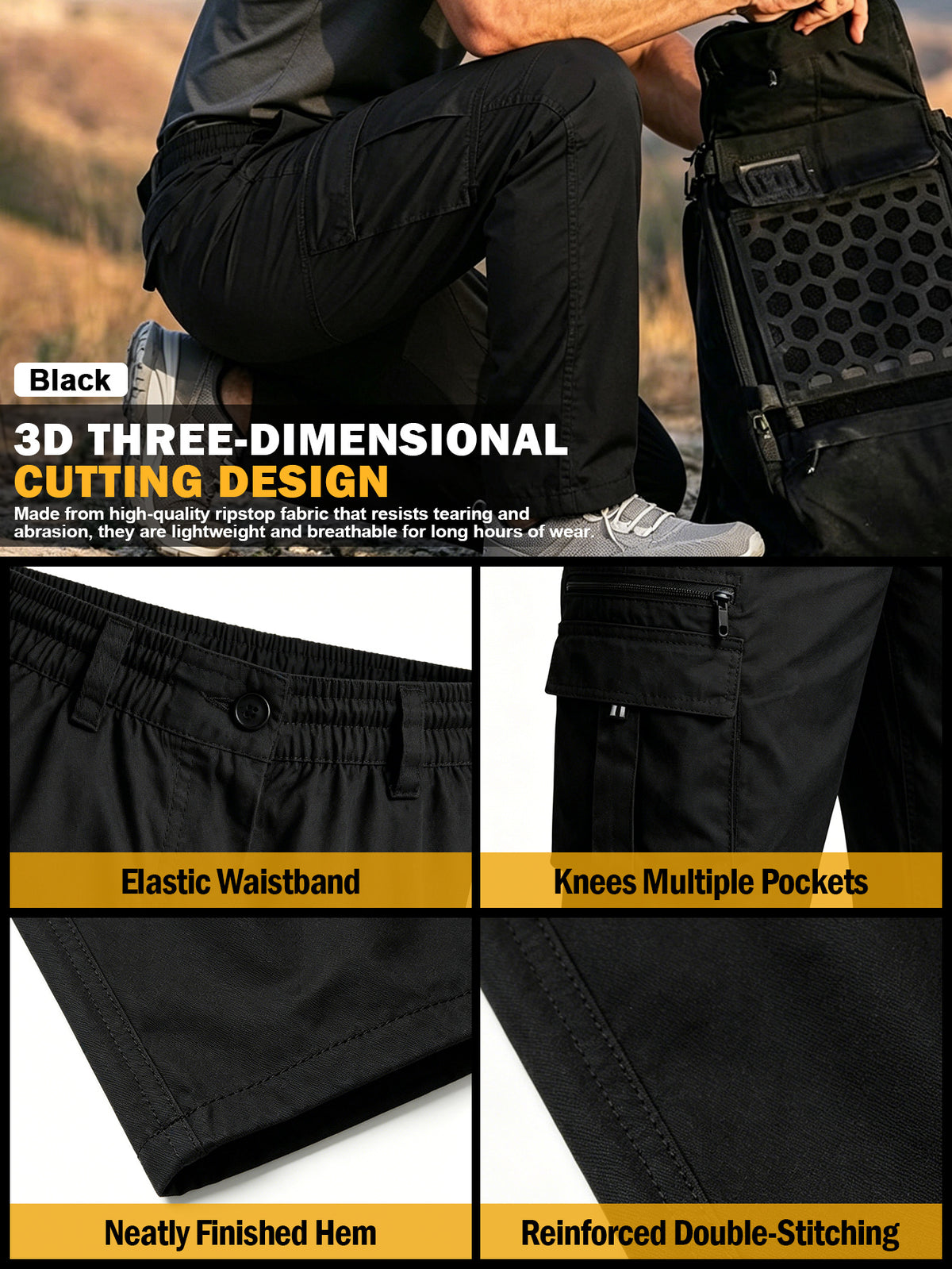 Men's Elastic Ripstop Tactical Pants Cargo Pants, Lightweight Motion Utility Casual Pants, Stretch Waistband, Straight Cut Loose Fit, Water Resistant Ripstop Outdoor Quick Dry Hiking Work Long Pants with Multi Pockets Commute Pants(No Belt, Black)