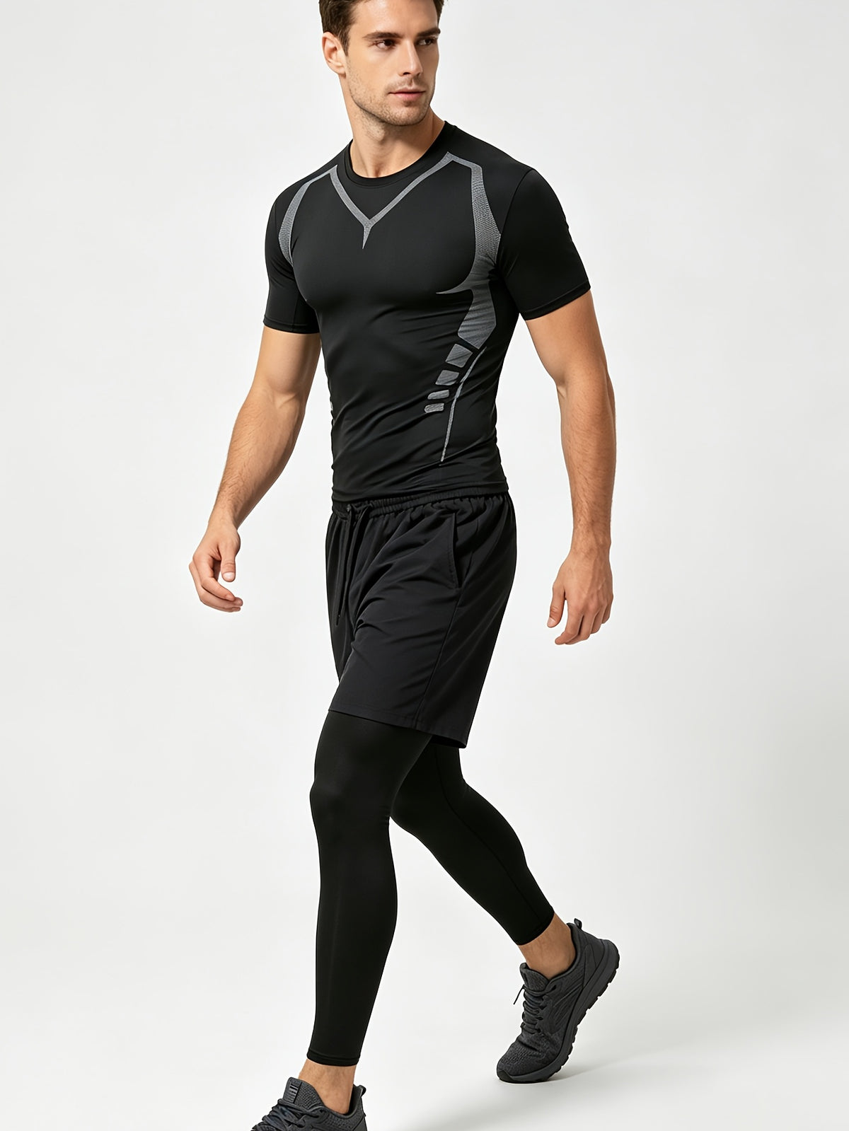 3 Pieces Men's Sports Set, Running Training Fitness,Quick Dry Workout Set with Athletic Fit Short Sleeve Performance Elastic Shirt and Elastic Waistband Long/Shorts, Lightweight Breathable Sportswear for Gym Basketball and Everyday Wear,Summer