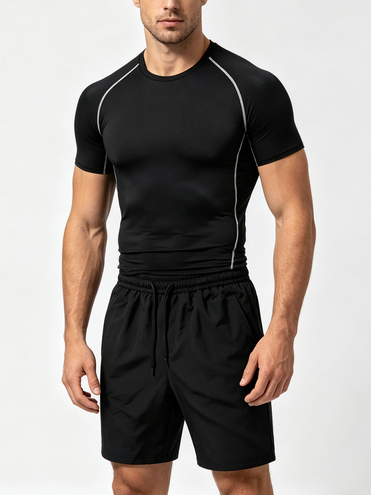 2-piece Men's Athletic Workout Set, Running, Gym Compression Gear, All-Season Wear, Breathable Quick Dry Compression Short Sleeve Training Shirt with Elastic Waistband Shorts, Activewear Outfit for Running Fitness Basketball Outdoor activities,Black