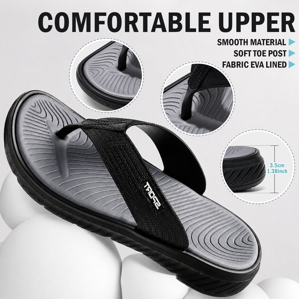 Men Summer Casual Flip-Flops, Beach Walking Thong Cushion Thong Sandals with Comfortable Arch Support Yoga Mat Beach Shoes, Durable Thick-Soled, Non-Slip, Soft-Soled Outdoor Sandals for Men, Black