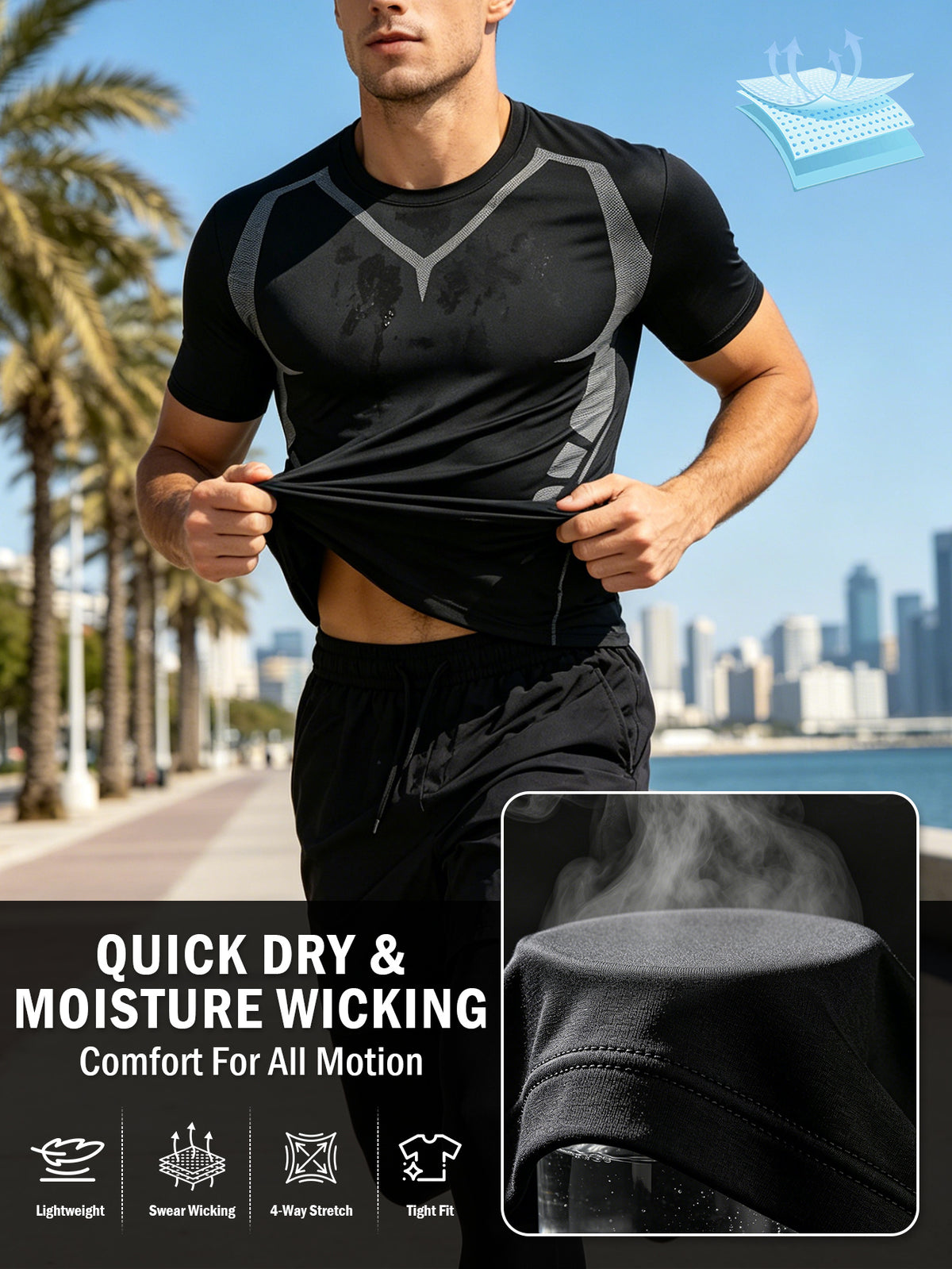3 Pieces Men's Sports Set, Running Training Fitness,Quick Dry Workout Set with Athletic Fit Short Sleeve Performance Elastic Shirt and Elastic Waistband Long/Shorts, Lightweight Breathable Sportswear for Gym Basketball and Everyday Wear,Summer