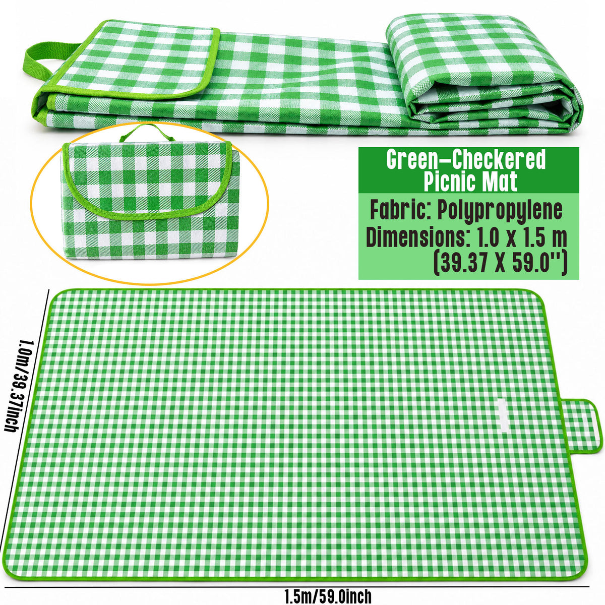 New Upgraded Picnic Blanket Outdoor Extra Large Picnic Mat 39.37"X59" Camping Blanket Beach Blanket, Thickened Checkered Non-Woven Fabric, Ultralight 1.25 lb with Handle Picnic Mat, for Outdoor Camping Hiking Travel Grass Park Music (100X150CM)