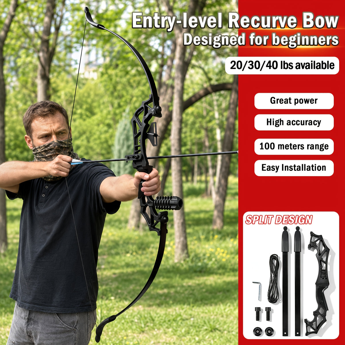 Archery Metal Recurve Bow Professional Beginner's Bow Outdoor Adult Archery Range Scenic Area Competitive Shooting, For Men and Women Sports Alloy Bow Compound Bow Competition Set, 20 LBS/30 LBS/40 LBS Available, Ambidextrous