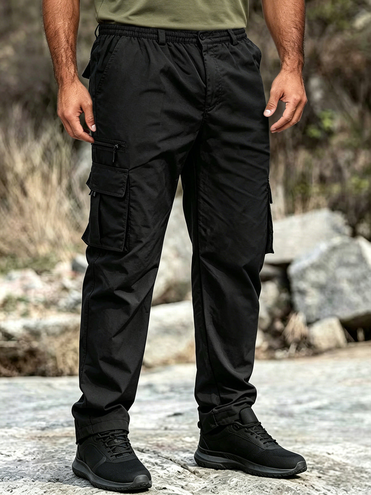 Men's Utility Cargo Pants, Casual Multi-Pocket Loose Straight Leg Work Pants, Durable Lightweight Ripstop Fabric, Flexible Elastic Waist Adjustable, Quick-Drying Outdoor Long Pants for Daily Commute, Running, Hiking, Travel and Camping Wear, Black