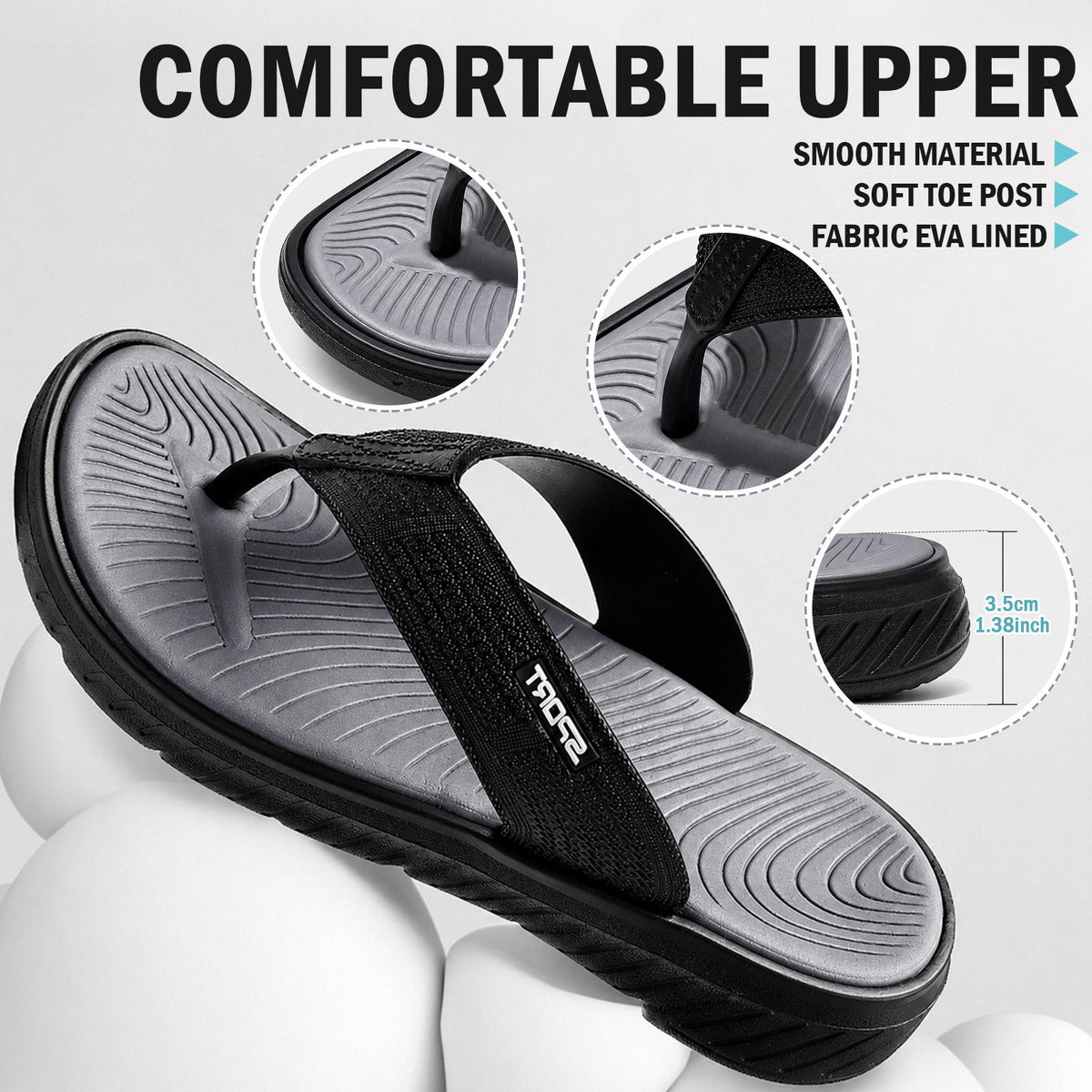 Men Summer Casual Flip-Flops, Beach Walking Thong Cushion Thong Sandals with Comfortable Arch Support Yoga Mat Beach Shoes, Durable Thick-Soled, Non-Slip, Soft-Soled Outdoor Sandals for Men, Black