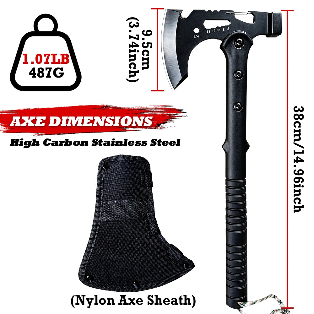 Outdoor Axe, Multifunctional Battle Axe, Camping Hand Axe, All-in-One Combat Axe, Durable and Sturdy Sharpened Blade, Wilderness Firewood-Splitting Survival Axe, 15 inch Tactical Axe with Mountain Lock and Bottle Opener with Sheath Hammer Tomahawk