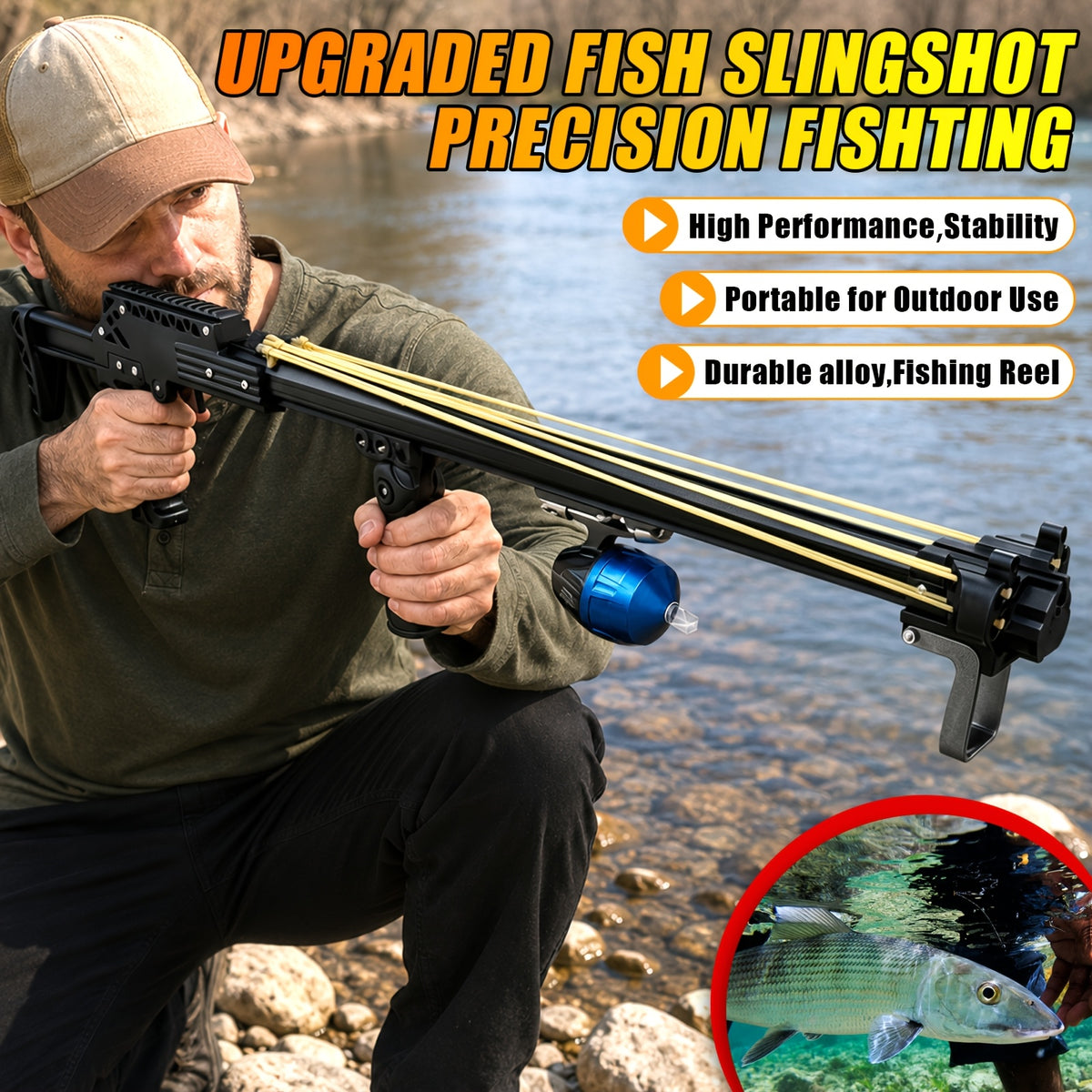 New Upgraded Outdoor Fishing Slingshot, Heavy Duty Fish Rod Slingshot Gear, Max Performance Metal Slingshot, Safety Lock Trigger Automatic Slingshot, Essential for Outdoors Lakes,Rivers Fishing and Forest Shooting,Adult Slingshot with Rubber Bands