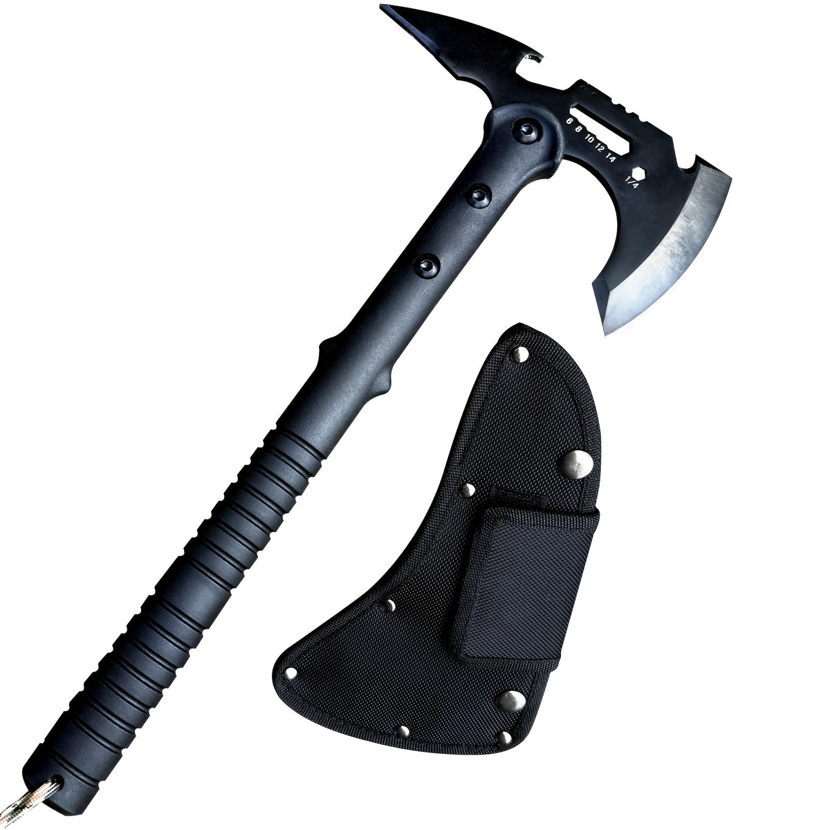 Portable 15" Stainless Steel Garden Axe, Durable Tomahawk with Sheath, Multi-Functional Tomahawk Outdoor Camping Axe with Hammer, Bottle Opener & Carabiner, Durable Hatchet for Branch Cutting, Yard Work, Camping and Emergency Gear,2 styles（Black）