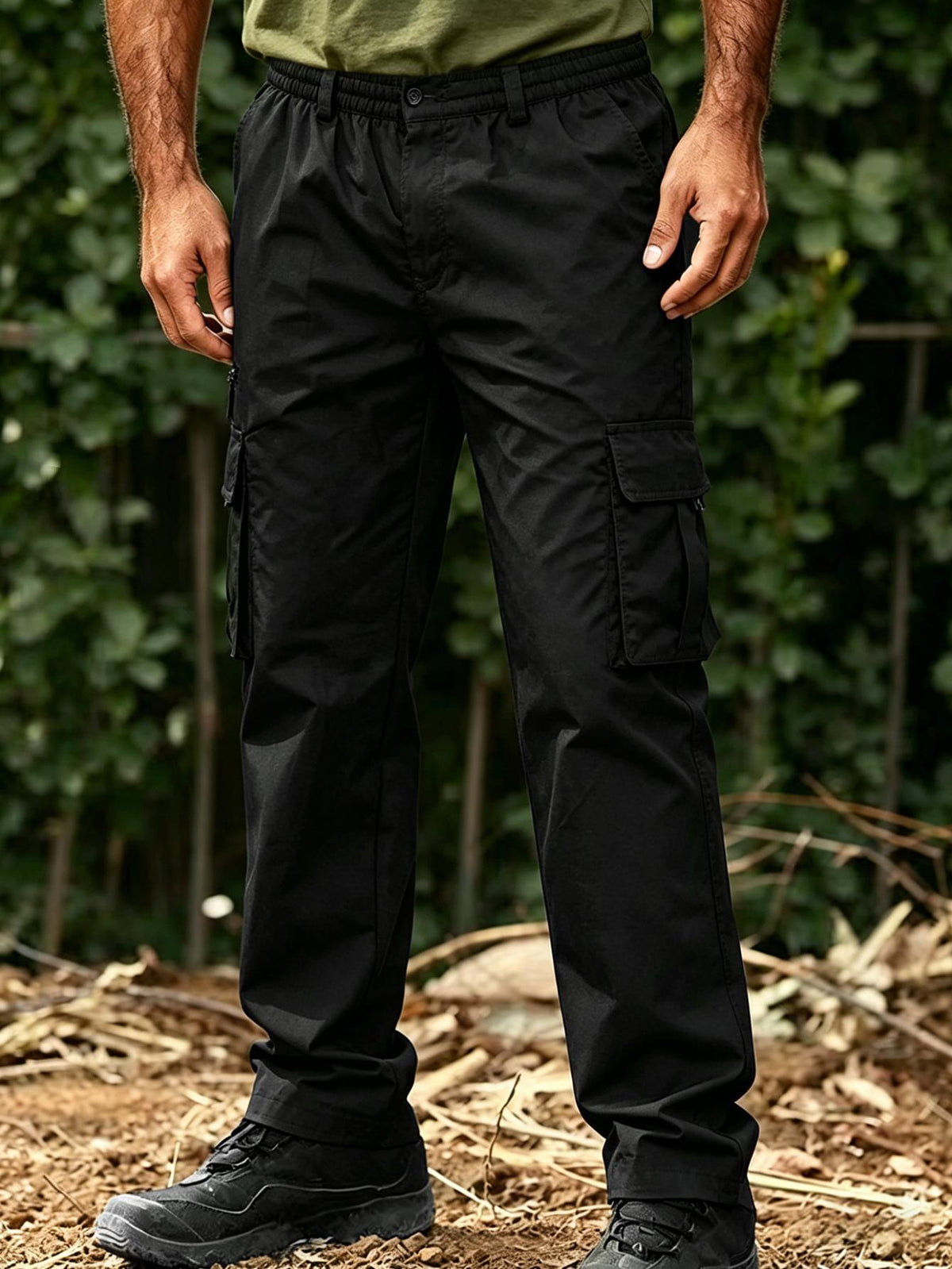 Men's Utility Cargo Pants, Casual Multi-Pocket Loose Straight Leg Work Pants, Durable Lightweight Ripstop Fabric, Flexible Elastic Waist Adjustable, Quick-Drying Outdoor Long Pants for Daily Commute, Running, Hiking, Travel and Camping Wear, Black