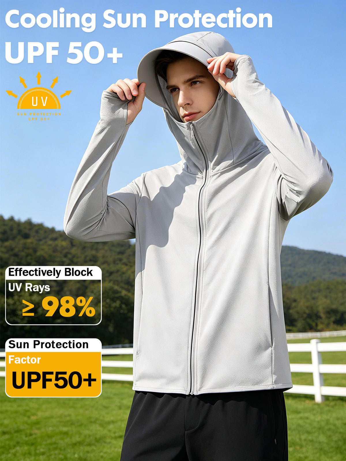 Men's Cool and Comfortable Jacket With Hood Brim, Moisture-wicking and Quick-drying Shirt, Breathable Sun Protection Shirt, Outdoor Lightweight Full Zip Hoodie Jacket Long Sleeve Fishing, Hiking, Running, Tops for Summer