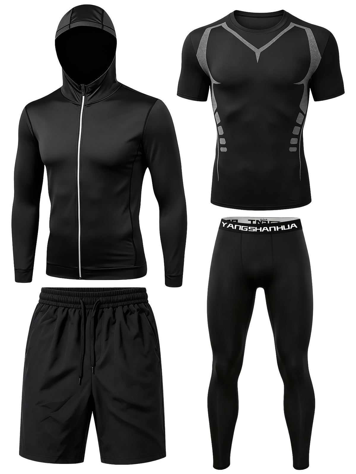 4 Pieces Sports Set, Men's Fitted Workout Shirt Activewear Set, Athletic Jacket with Hoodies Long Sleeve, Quick Dry Compression Tee with Breathable Moisture Wicking Comfort, Stretch Short Sleeve Running Top for Gym Training and All-Day Active Wear