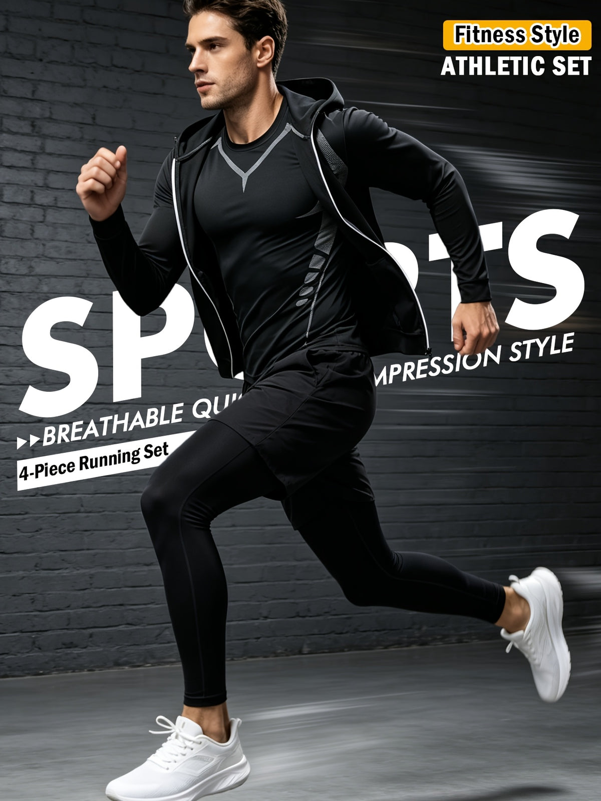 4 Pieces Sports Set, Men's Fitted Workout Shirt Activewear Set, Athletic Jacket with Hoodies Long Sleeve, Quick Dry Compression Tee with Breathable Moisture Wicking Comfort, Stretch Short Sleeve Running Top for Gym Training and All-Day Active Wear