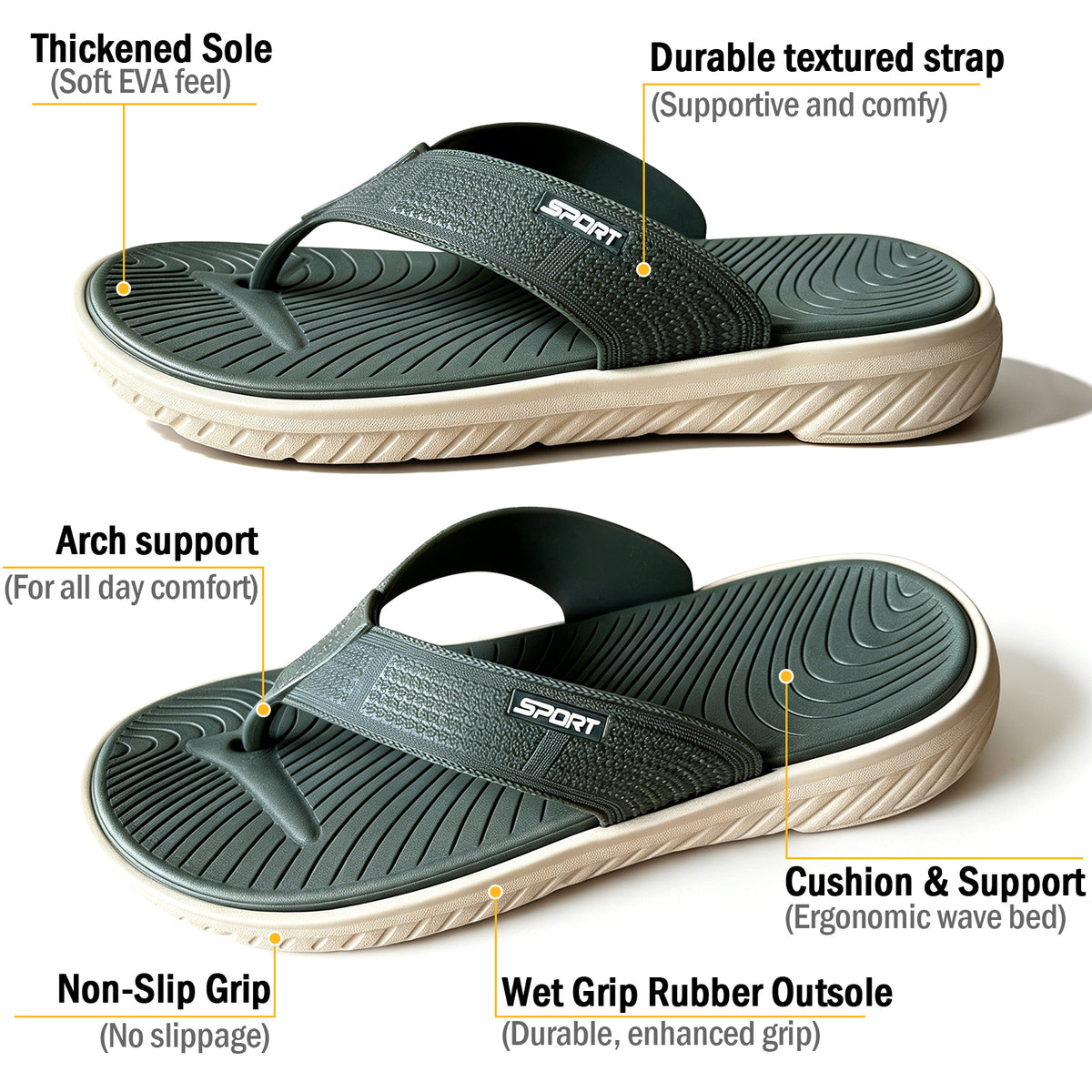 Men's Casual Flip Flops Thong Sandals with Thick Cushioned Sole, Comfortable Arch Support, Lightweight Outdoor Beach Flip Flop for Beach, Pool, Travel & Daily Walking, Summer Casual Sport Slides with Flats Non-Slip Shoes Indoor Outdoor Wear（Green）