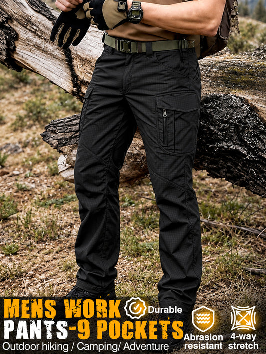 Men's Cargo Pants Work Pants Black, Lightweight Ripstop Outdoor Pants, Durable Water Resistant Work Trousers with 9 Pockets, Abrasion-resistant Fabric, Utility Long Pants for Outdoor Work, Camping, Training, Daily Commute and Casual Wear,1PCS