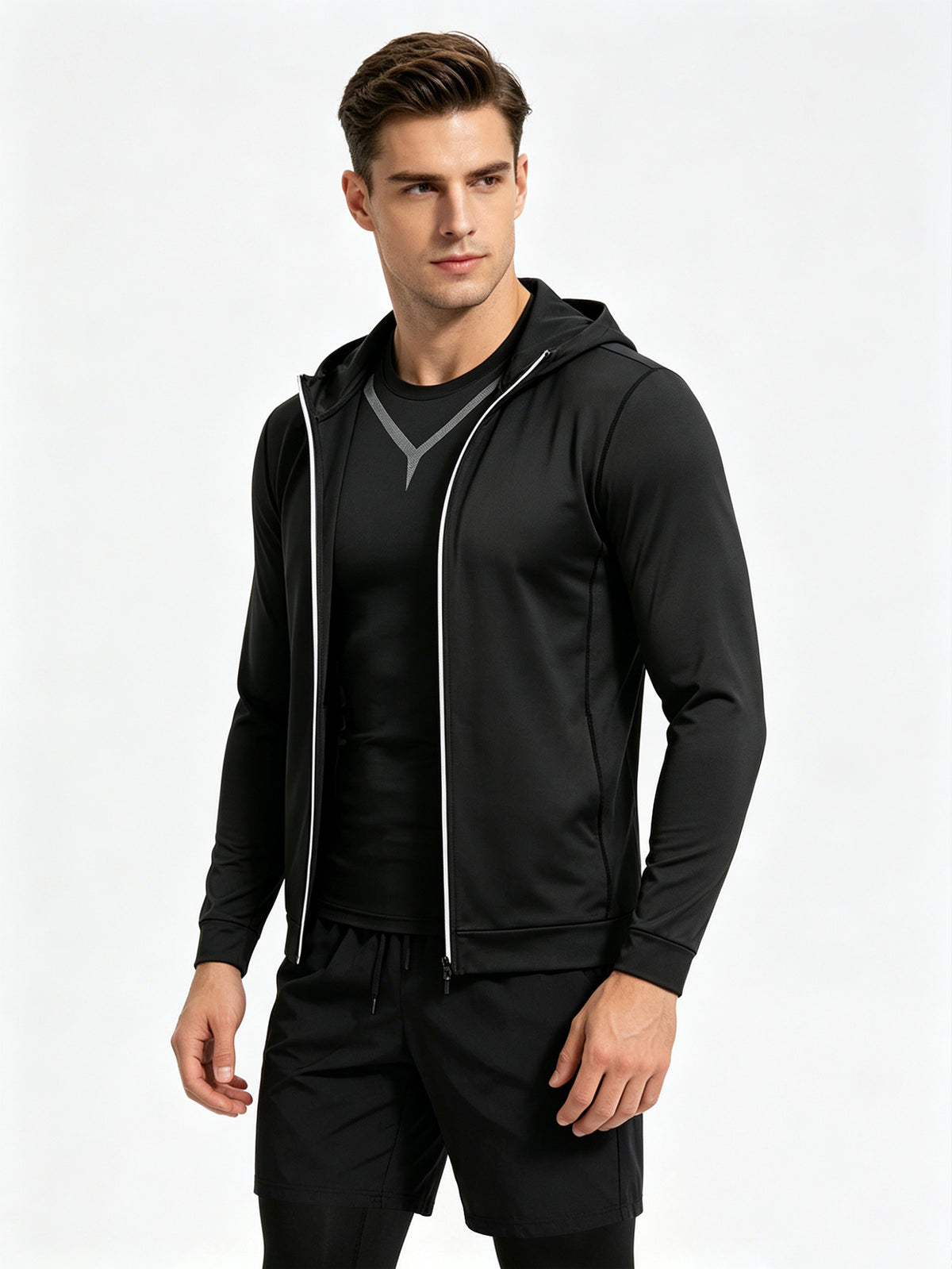 4 Pieces Sports Set, Men's Fitted Workout Shirt Activewear Set, Athletic Jacket with Hoodies Long Sleeve, Quick Dry Compression Tee with Breathable Moisture Wicking Comfort, Stretch Short Sleeve Running Top for Gym Training and All-Day Active Wear
