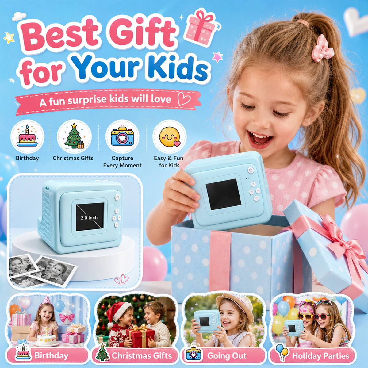 Kids Camera Instant Print for Boys Girls, 2.0-Inch Screen, 1080P HD Photography, MP3 & Game, 20 Creative Frames, 3 Rolls of Printer Paper, USB Charger, Perfect for Christmas And Halloween Birthday Gift, Perfect for Kid, Gifts Girls Boys 6 Years Old