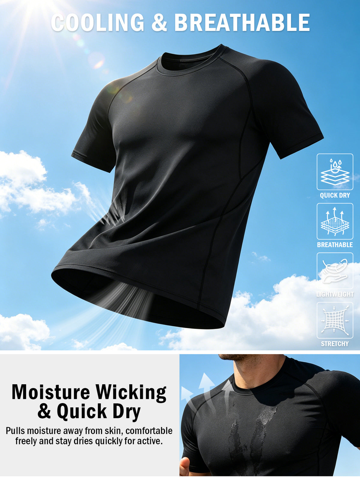 2 Pack Men's Compression Shirts, Short Sleeve T-Shirt, Quick Dry Breathable Workout Top with Moisture Wicking Fabric and 4-Way Stretch, Fitted Athletic Short Running Gym Training Tee for Active Performance, Running Tops