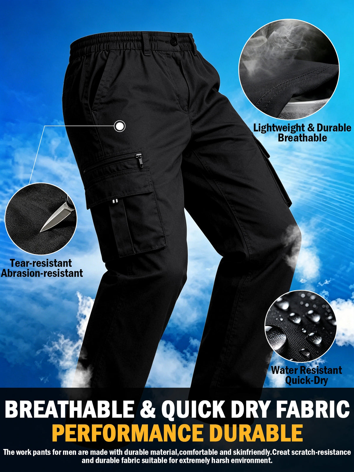 Men's Elastic Ripstop Tactical Pants Cargo Pants, Lightweight Motion Utility Casual Pants, Stretch Waistband, Straight Cut Loose Fit, Water Resistant Ripstop Outdoor Quick Dry Hiking Work Long Pants with Multi Pockets Commute Pants(No Belt, Black)