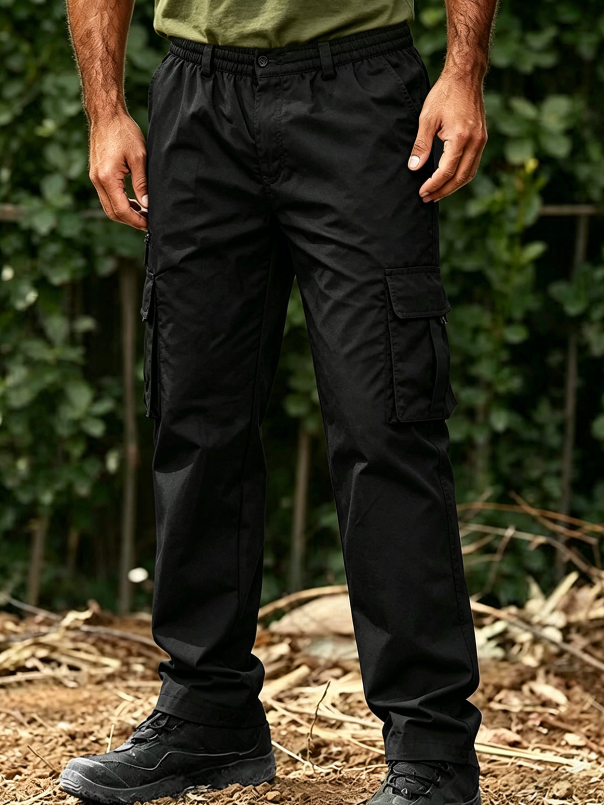 Men's Utility Cargo Pants, Casual Multi-Pocket Loose Straight Leg Work Pants, Durable Lightweight Ripstop Fabric, Flexible Elastic Waist Adjustable, Quick-Drying Outdoor Long Pants for Daily Commute, Running, Hiking, Travel and Camping Wear, Black