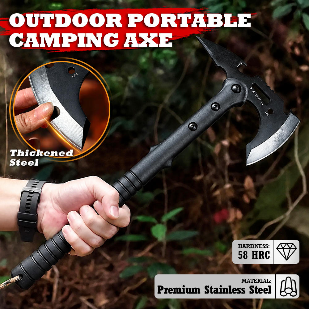 Outdoor Axe, Multifunctional Battle Axe, Camping Hand Axe, All-in-One Combat Axe, Durable and Sturdy Sharpened Blade, Wilderness Firewood-Splitting Survival Axe, 15 inch Tactical Axe with Mountain Lock and Bottle Opener with Sheath Hammer Tomahawk
