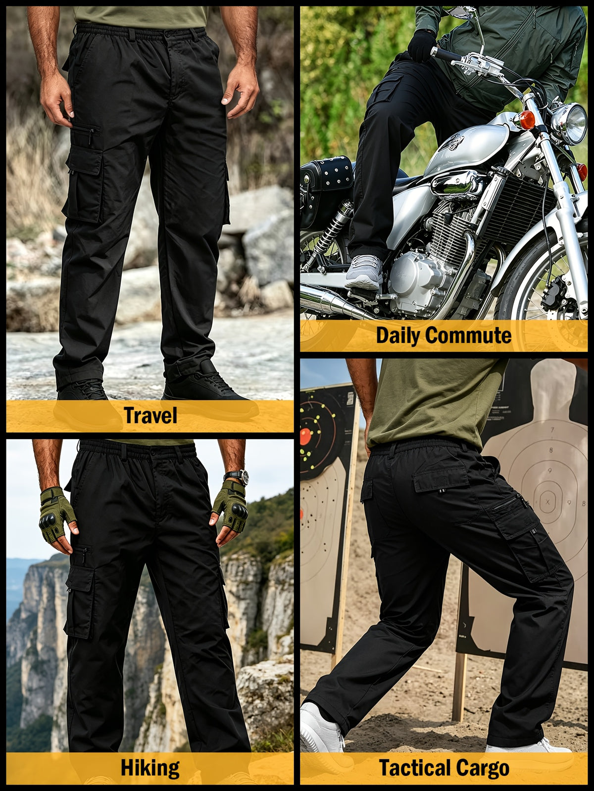 Men's Elastic Ripstop Tactical Pants Cargo Pants, Lightweight Motion Utility Casual Pants, Stretch Waistband, Straight Cut Loose Fit, Water Resistant Ripstop Outdoor Quick Dry Hiking Work Long Pants with Multi Pockets Commute Pants(No Belt, Black)