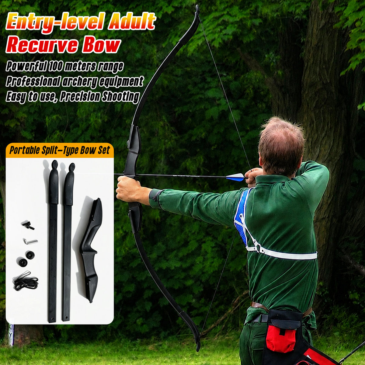Black Adult 53" Archery Recurve Bow, Takedown Long Bow Kit, Portable Split-Type Bow, Adult and Beginners to Advanced Outdoor Target Practice, High Accuracy Shooting, Both for Left and Right Hand Use Recurve Bow Package for Adults 20LB, 30LB, 40LB