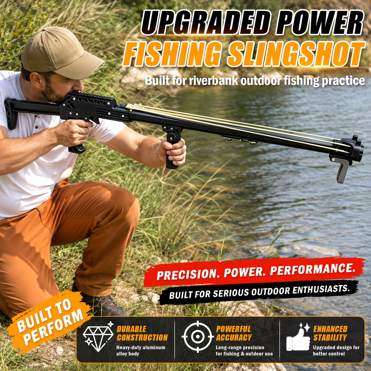 Upgraded Model Outdoor Fishing Slingshot, Heavy Duty Fish Rod Slingshot Gear, Max Performance Metal Slingshot, Safety Lock Trigger Automatic Slingshot, Essential for Outdoors Lakes,Rivers Fishing and Forest Shooting,Adult Slingshot with Rubber Bands