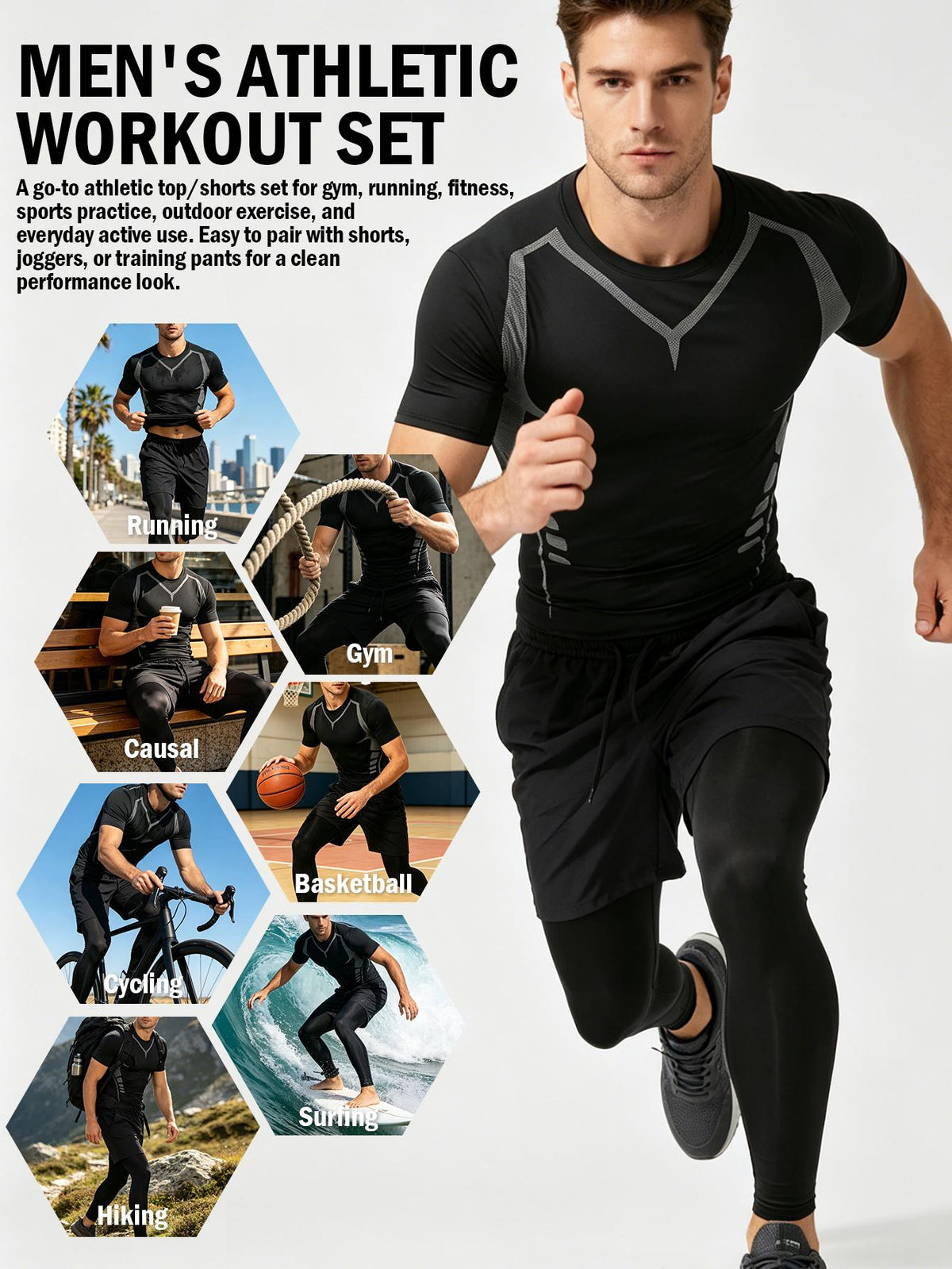 3 Pieces Men's Sports Set, Running Training Fitness,Quick Dry Workout Set with Athletic Fit Short Sleeve Performance Elastic Shirt and Elastic Waistband Long/Shorts, Lightweight Breathable Sportswear for Gym Basketball and Everyday Wear,Summer