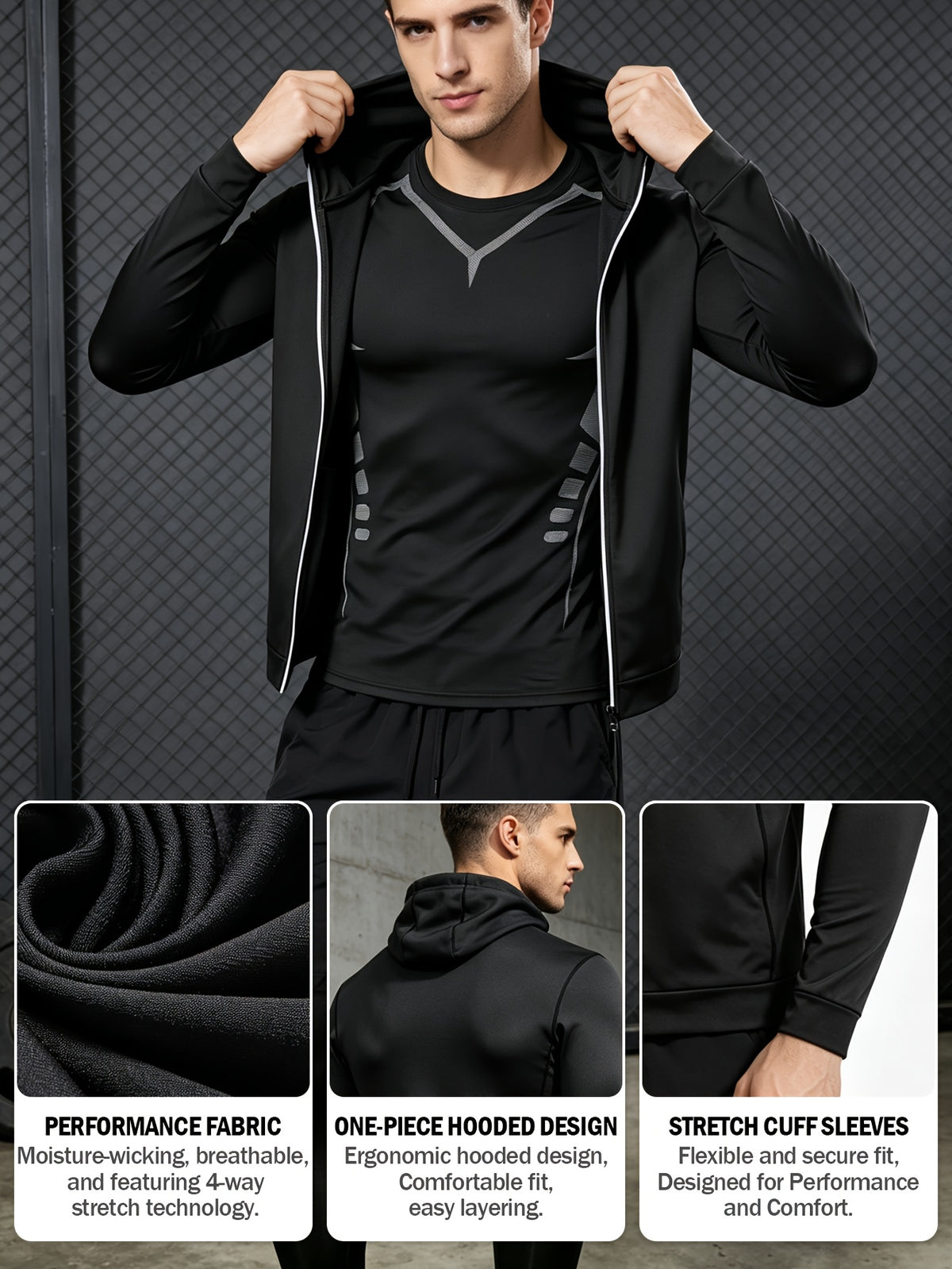 4 Pieces Sports Set, Men's Fitted Workout Shirt Activewear Set, Athletic Jacket with Hoodies Long Sleeve, Quick Dry Compression Tee with Breathable Moisture Wicking Comfort, Stretch Short Sleeve Running Top for Gym Training and All-Day Active Wear