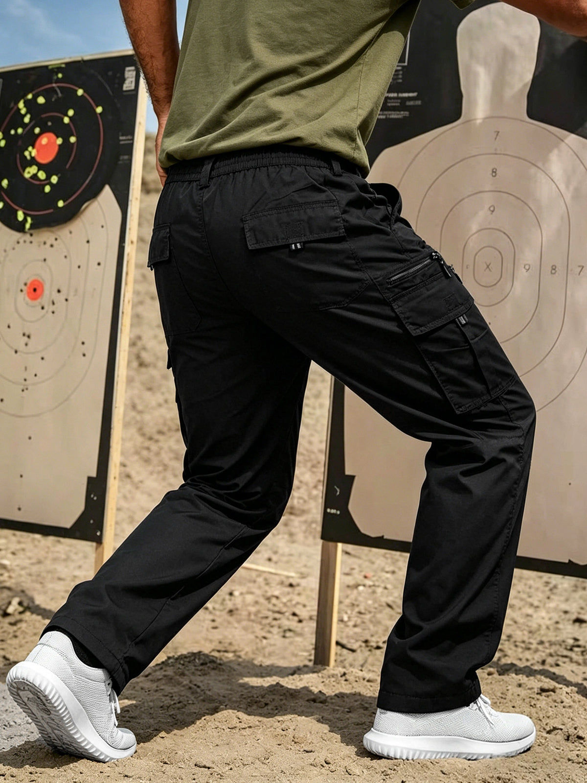 Men's Elastic Ripstop Tactical Pants Cargo Pants, Lightweight Motion Utility Casual Pants, Stretch Waistband, Straight Cut Loose Fit, Water Resistant Ripstop Outdoor Quick Dry Hiking Work Long Pants with Multi Pockets Commute Pants(No Belt, Black)