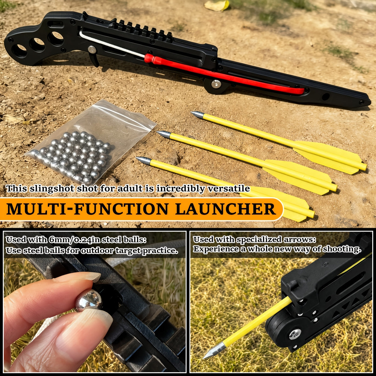 Folding Portable Slingshot, Outdoor Training Shooting Practice Compound Bow for Adults, Compact Foldable Design, Multi-Function Launcher with Ammo Balls and Training Arrow, Easy Carry for Camping Trips, Travel Packing and Backyard Weekend Use