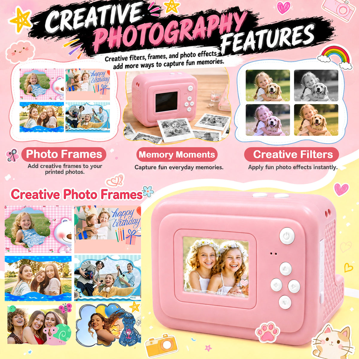 Thermal Portable Instant Printing Camera Set for Kids, 1080P HD Photo/Video Capture, Music Player, Interactive Storybooks, 3/5/10S Delayed Photography with USB Charger 1300Mah Battery And 3 Rolls Print Paper, Perfect for Birthday Gifts Girls Age 6