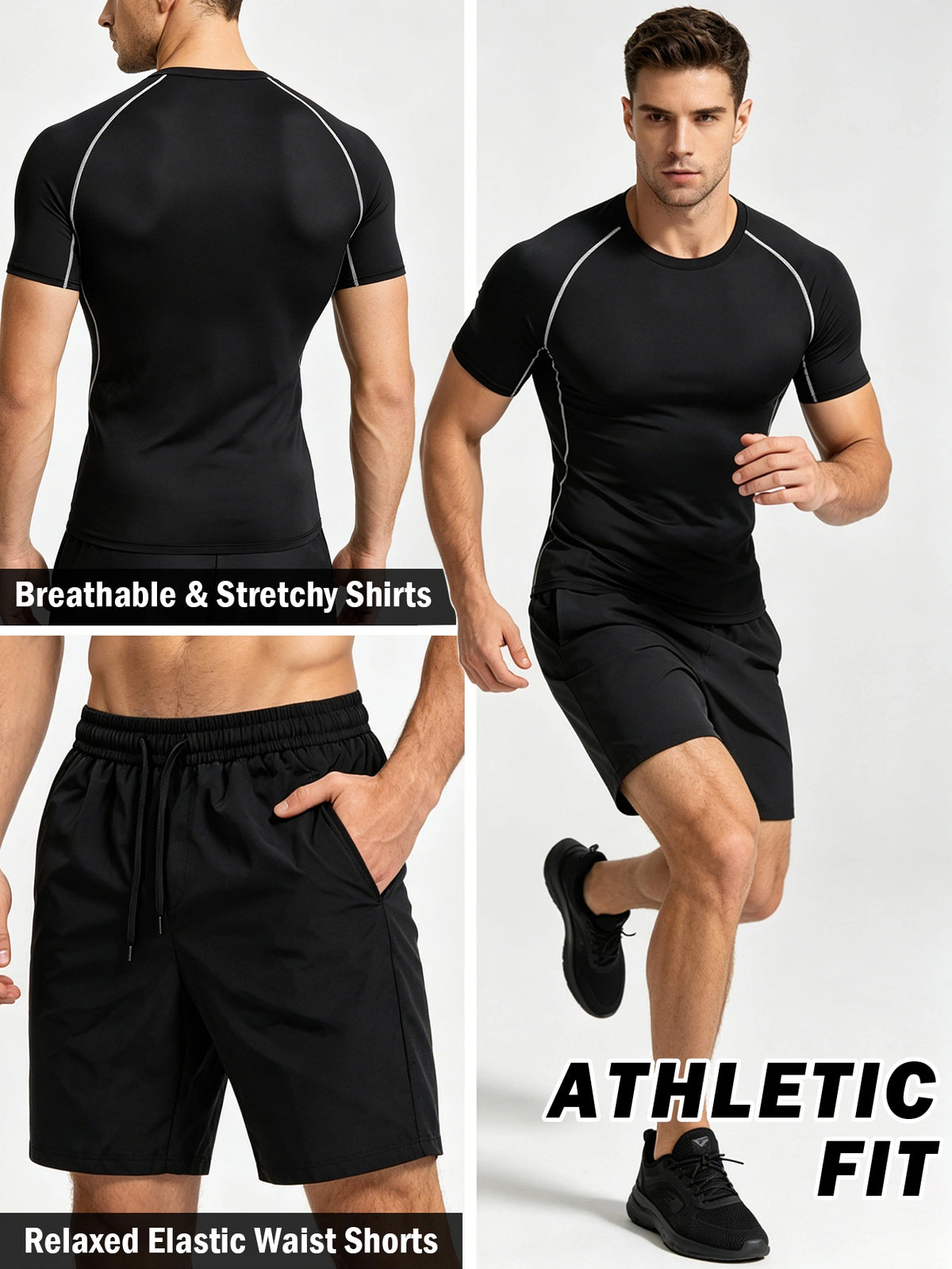 2-piece Men's Athletic Workout Set, Running, Gym Compression Gear, All-Season Wear, Breathable Quick Dry Compression Short Sleeve Training Shirt with Elastic Waistband Shorts, Activewear Outfit for Running Fitness Basketball Outdoor activities,Black