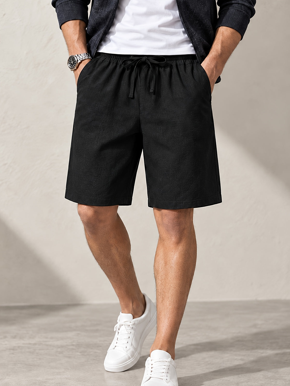 Men's Linen Breathable Workout Shorts, Lightweight Quick-Dry Sports Shorts, Breathable Stretch Athletic 5" Shorts, Drawstring Waist for Comfortable Outdoor Running, Gym Training & Fitness, Outdoor Beach Activities,Relaxed Shorts, Men Gift (Black）