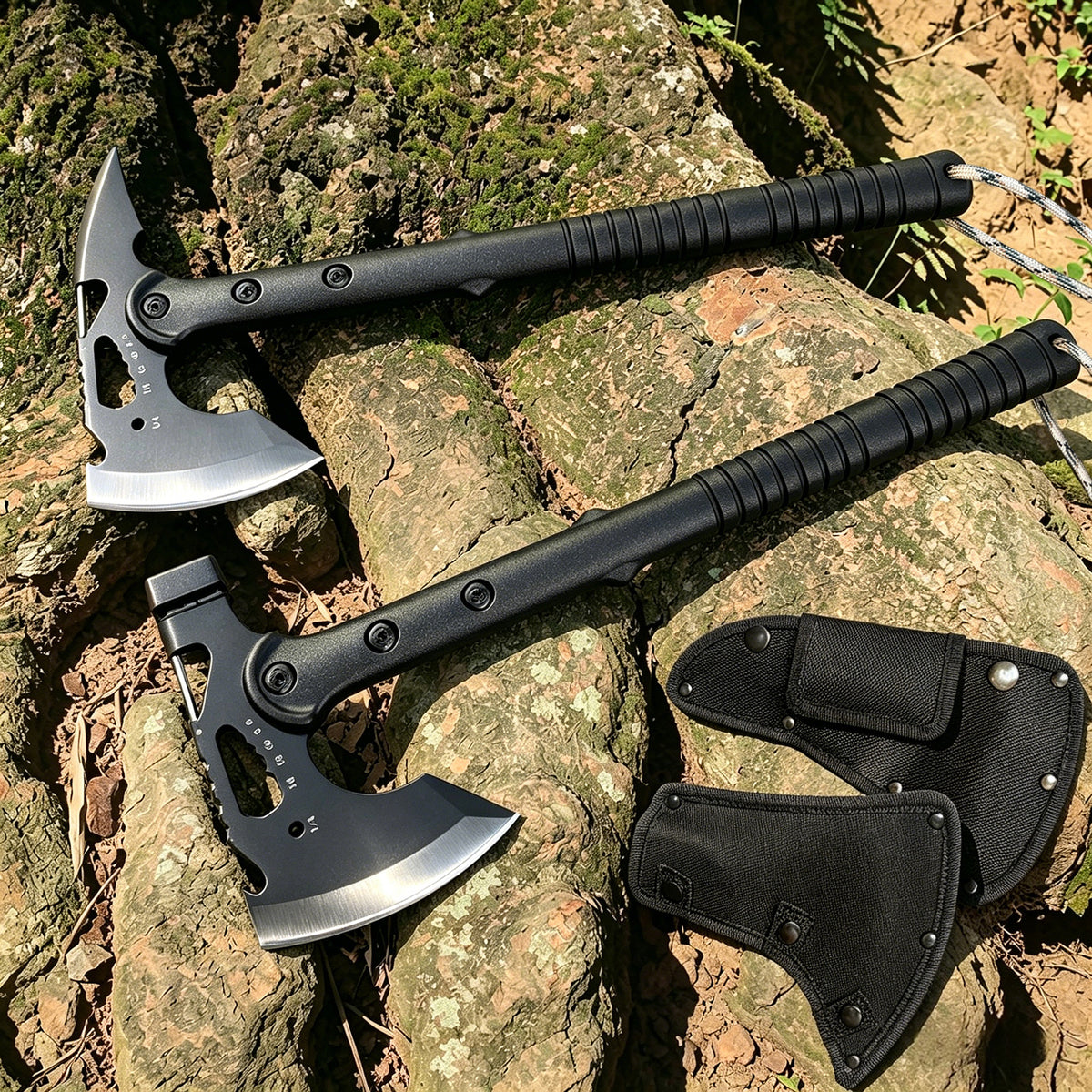 2 Pack Portable Battle Axe Set, Portable Outdoor Hatchet with Sheath, Reinforced Steel Sharp Blade, Window Breaker, Hammer and Multi-Tool Design Tomahawk, Durable Anti-Slip Handle Camping Hatchet Tool for Hiking/Camping/Outdoor Adventure Gear