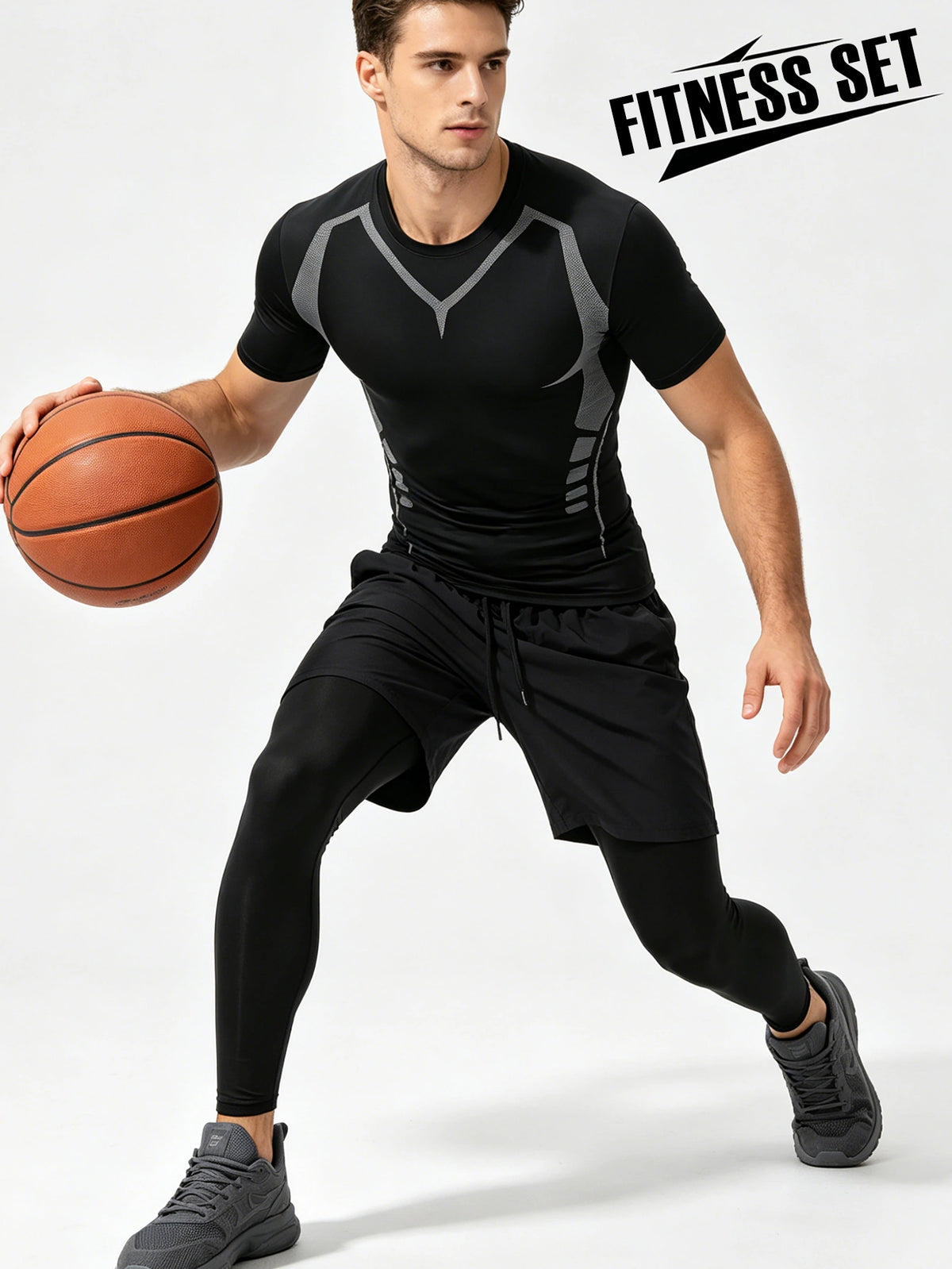 3 Pieces Men's Sports Set, Running Training Fitness,Quick Dry Workout Set with Athletic Fit Short Sleeve Performance Elastic Shirt and Elastic Waistband Long/Shorts, Lightweight Breathable Sportswear for Gym Basketball and Everyday Wear,Summer