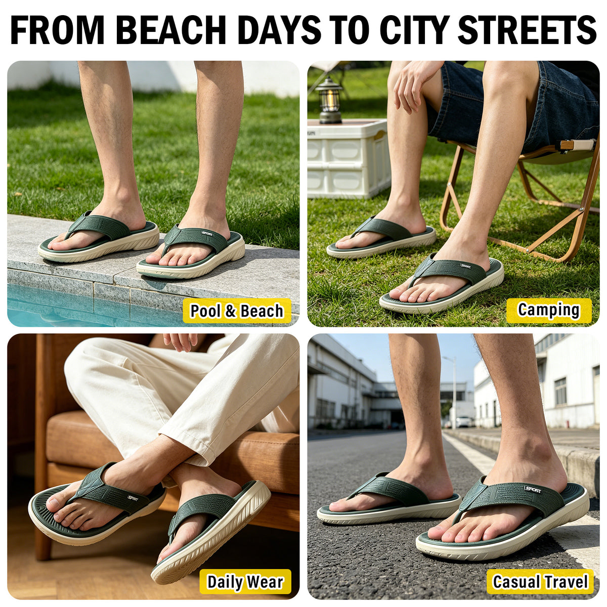 Men's Casual Flip Flops Thong Sandals with Thick Cushioned Sole, Comfortable Arch Support, Lightweight Outdoor Beach Flip Flop for Beach, Pool, Travel & Daily Walking, Summer Casual Sport Slides with Flats Non-Slip Shoes Indoor Outdoor Wear（Green）