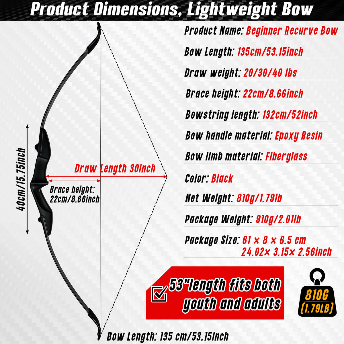 Black Adult 53" Archery Recurve Bow, Takedown Long Bow Kit, Portable Split-Type Bow, Adult and Beginners to Advanced Outdoor Target Practice, High Accuracy Shooting, Both for Left and Right Hand Use Recurve Bow Package for Adults 20LB, 30LB, 40LB