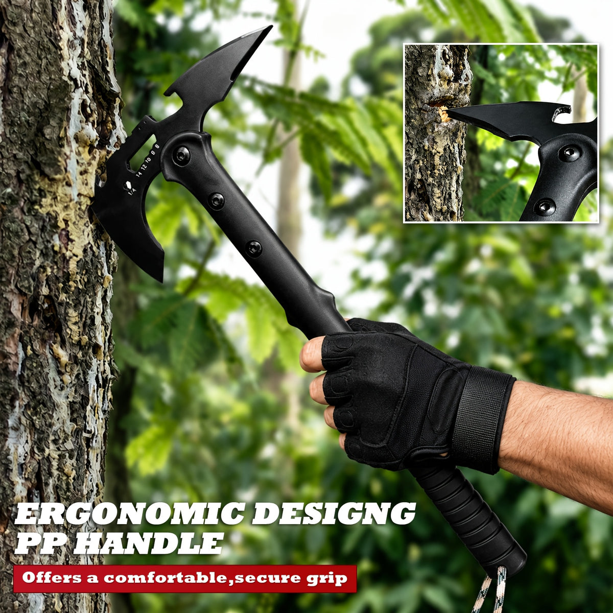 Portable 15" Stainless Steel Garden Axe, Durable Tomahawk with Sheath, Multi-Functional Tomahawk Outdoor Camping Axe with Hammer, Bottle Opener & Carabiner, Durable Hatchet for Branch Cutting, Yard Work, Camping and Emergency Gear,2 styles（Black）