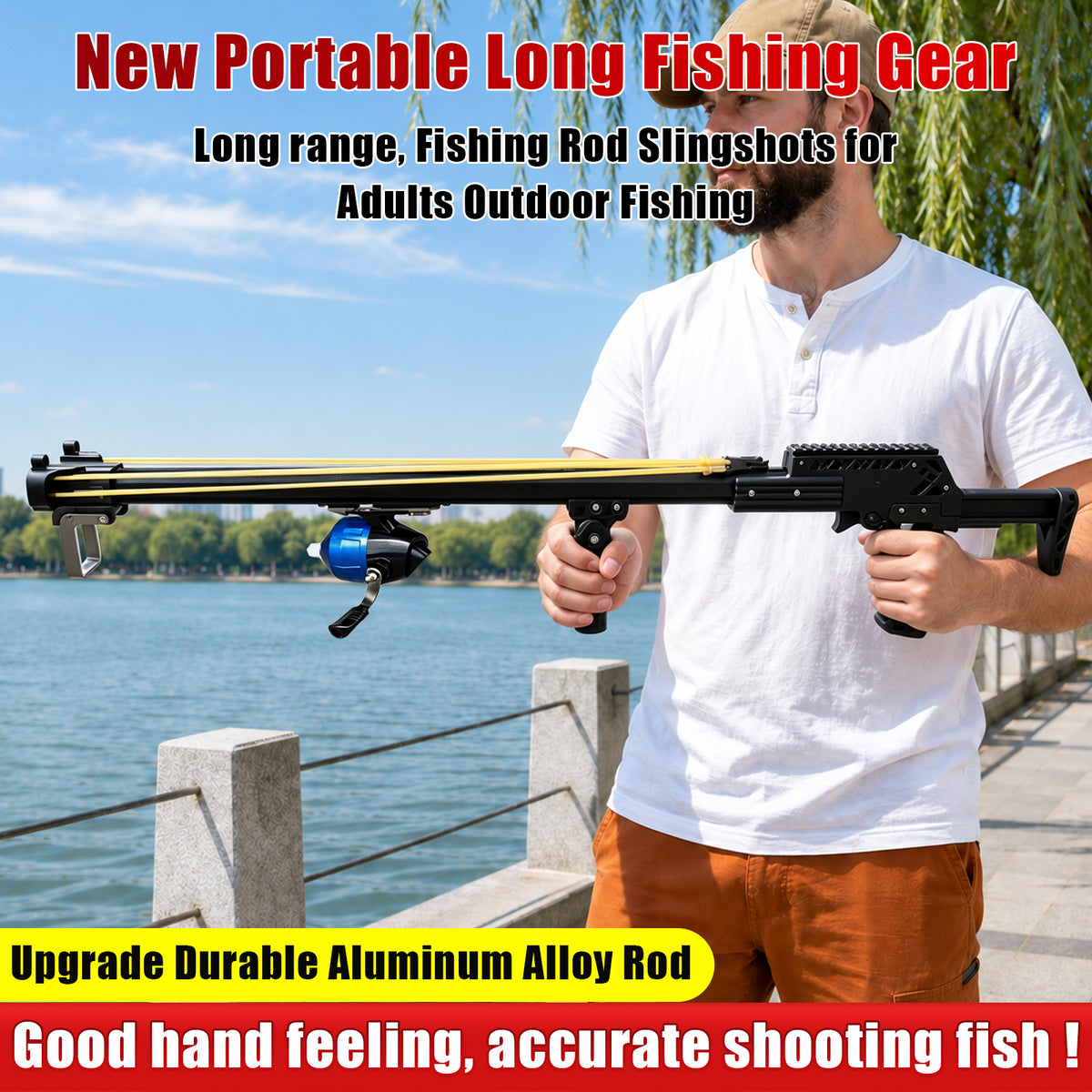 New Upgraded Outdoor Fishing Slingshot, Heavy Duty Fish Rod Slingshot Gear, Max Performance Metal Slingshot, Safety Lock Trigger Automatic Slingshot, Essential for Outdoors Lakes,Rivers Fishing and Forest Shooting,Adult Slingshot with Rubber Bands