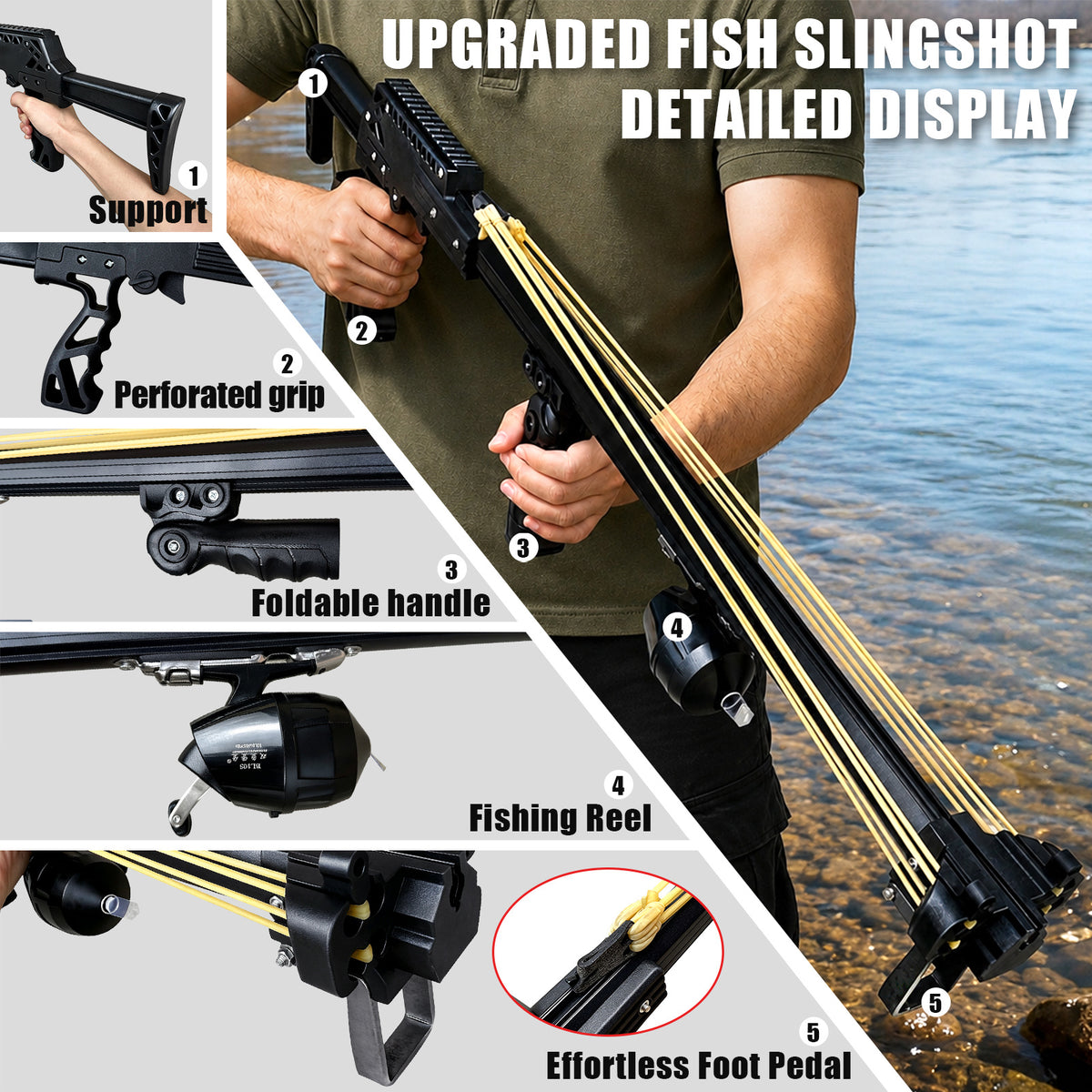 New Upgraded Outdoor Fishing Slingshot, Heavy Duty Fish Rod Slingshot Gear, Max Performance Metal Slingshot, Safety Lock Trigger Automatic Slingshot, Essential for Outdoors Lakes,Rivers Fishing and Forest Shooting,Adult Slingshot with Rubber Bands