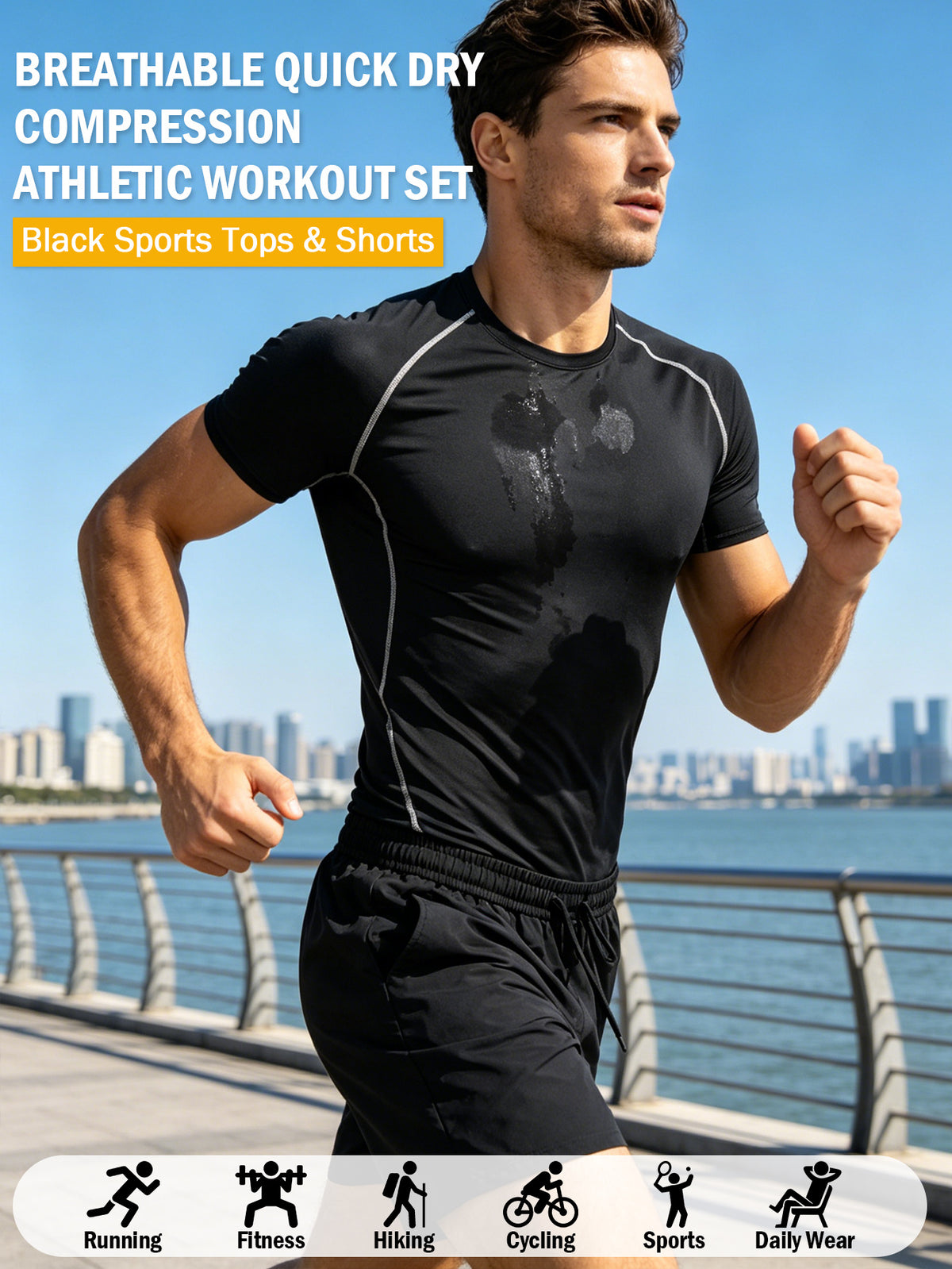 2-piece Men's Athletic Workout Set, Running, Gym Compression Gear, All-Season Wear, Breathable Quick Dry Compression Short Sleeve Training Shirt with Elastic Waistband Shorts, Activewear Outfit for Running Fitness Basketball Outdoor activities,Black
