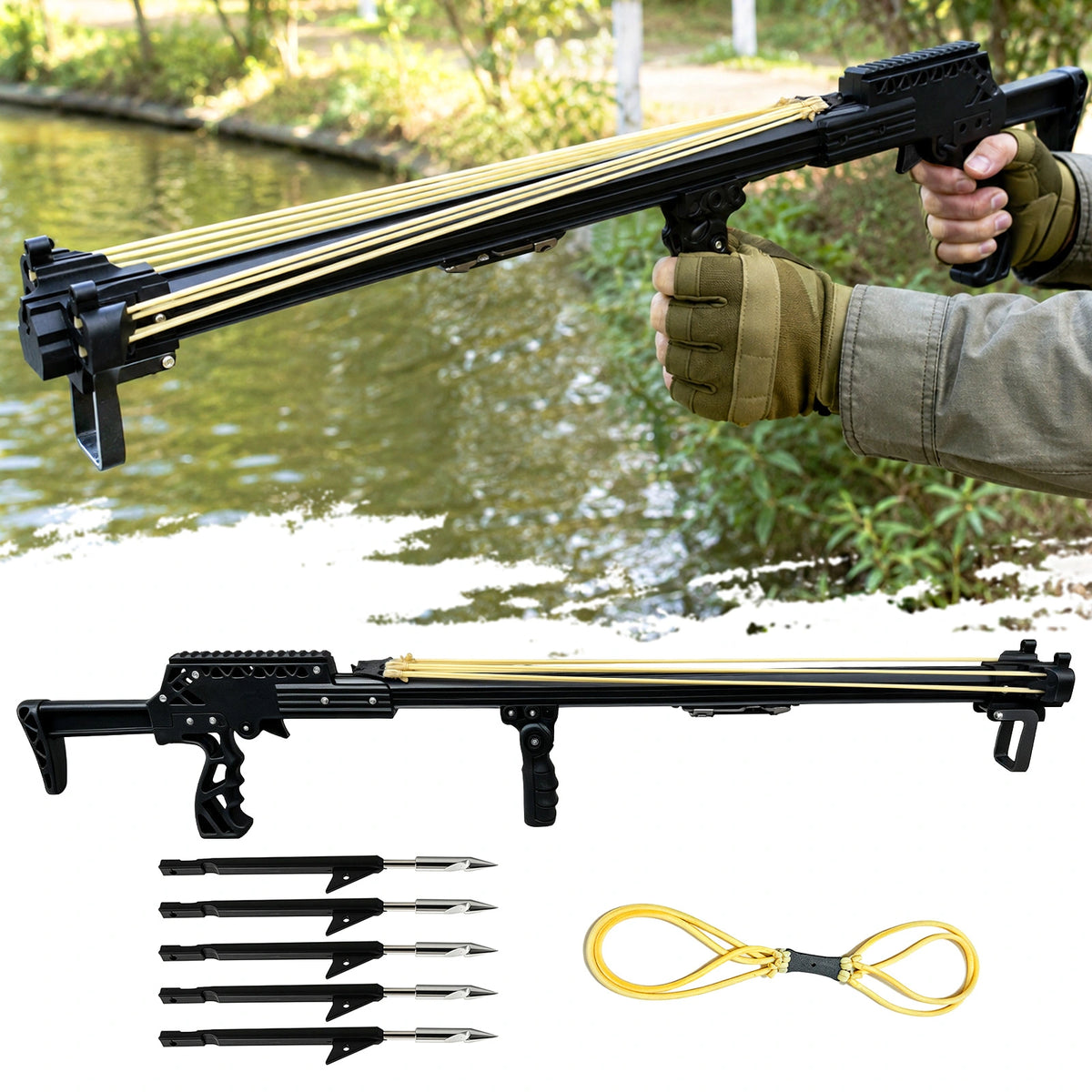 New Upgraded Outdoor Fishing Slingshot, Heavy Duty Fish Rod Slingshot Gear, Max Performance Metal Slingshot, Safety Lock Trigger Automatic Slingshot, Essential for Outdoors Lakes,Rivers Fishing and Forest Shooting,Adult Slingshot with Rubber Bands