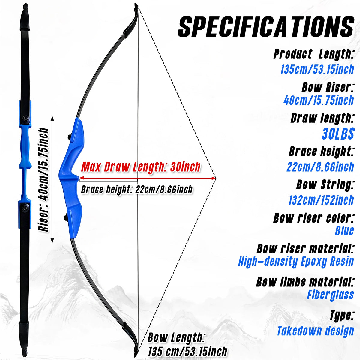 Archery Takedown Recurve Bow 53 inch for Adults,Beginners,Teenagers and Men-Right & Left Handed, Archery Set for Outdoor Target Training Practice,Beginner Recurve Bow, High Accuracy, Stability Performance (20/30/40lbs) Blue, Stylish