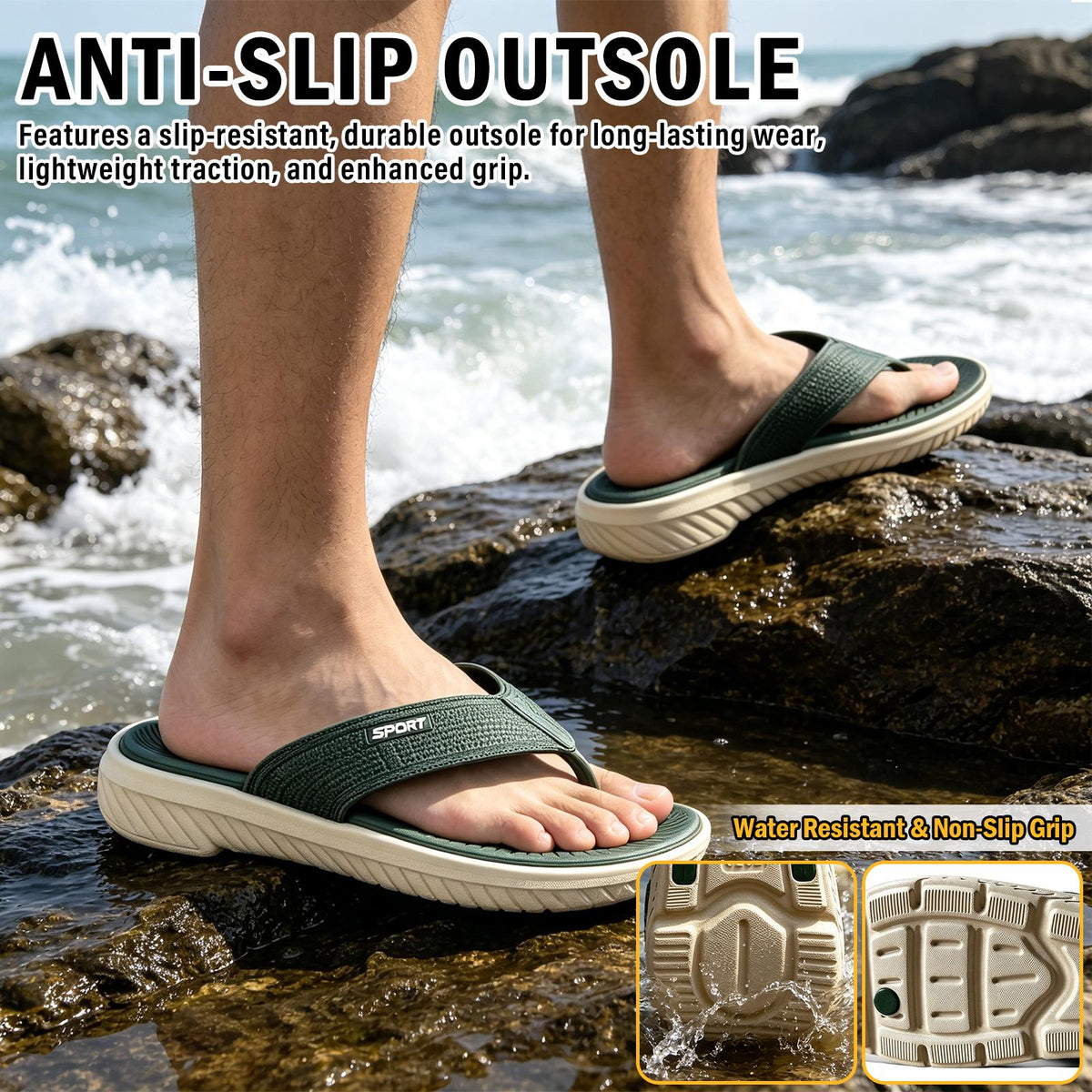 Men's Casual Flip Flops Thong Sandals with Thick Cushioned Sole, Comfortable Arch Support, Lightweight Outdoor Beach Flip Flop for Beach, Pool, Travel & Daily Walking, Summer Casual Sport Slides with Flats Non-Slip Shoes Indoor Outdoor Wear（Green）