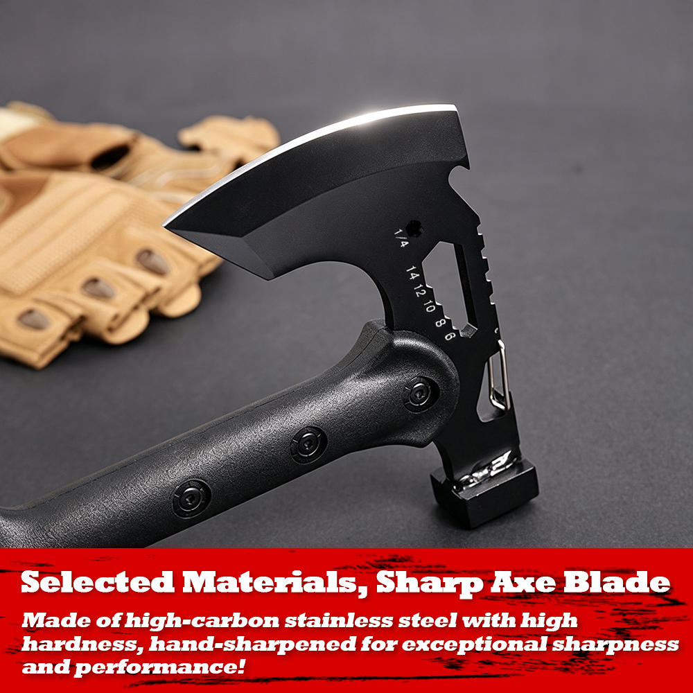 Outdoor Axe, Multifunctional Battle Axe, Camping Hand Axe, All-in-One Combat Axe, Durable and Sturdy Sharpened Blade, Wilderness Firewood-Splitting Survival Axe, 15 inch Tactical Axe with Mountain Lock and Bottle Opener with Sheath Hammer Tomahawk