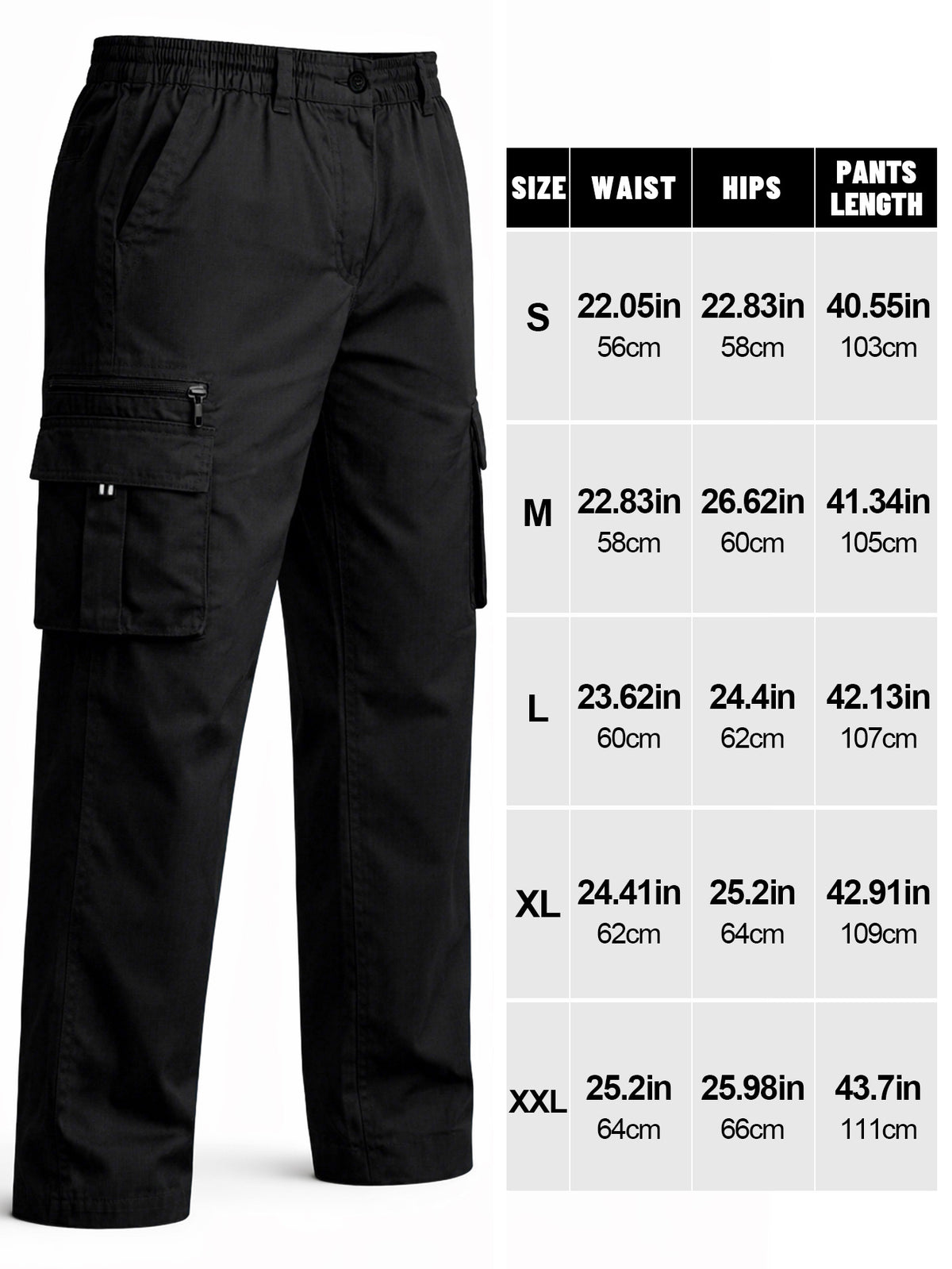 Men's Utility Cargo Pants, Casual Multi-Pocket Loose Straight Leg Work Pants, Durable Lightweight Ripstop Fabric, Flexible Elastic Waist Adjustable, Quick-Drying Outdoor Long Pants for Daily Commute, Running, Hiking, Travel and Camping Wear, Black
