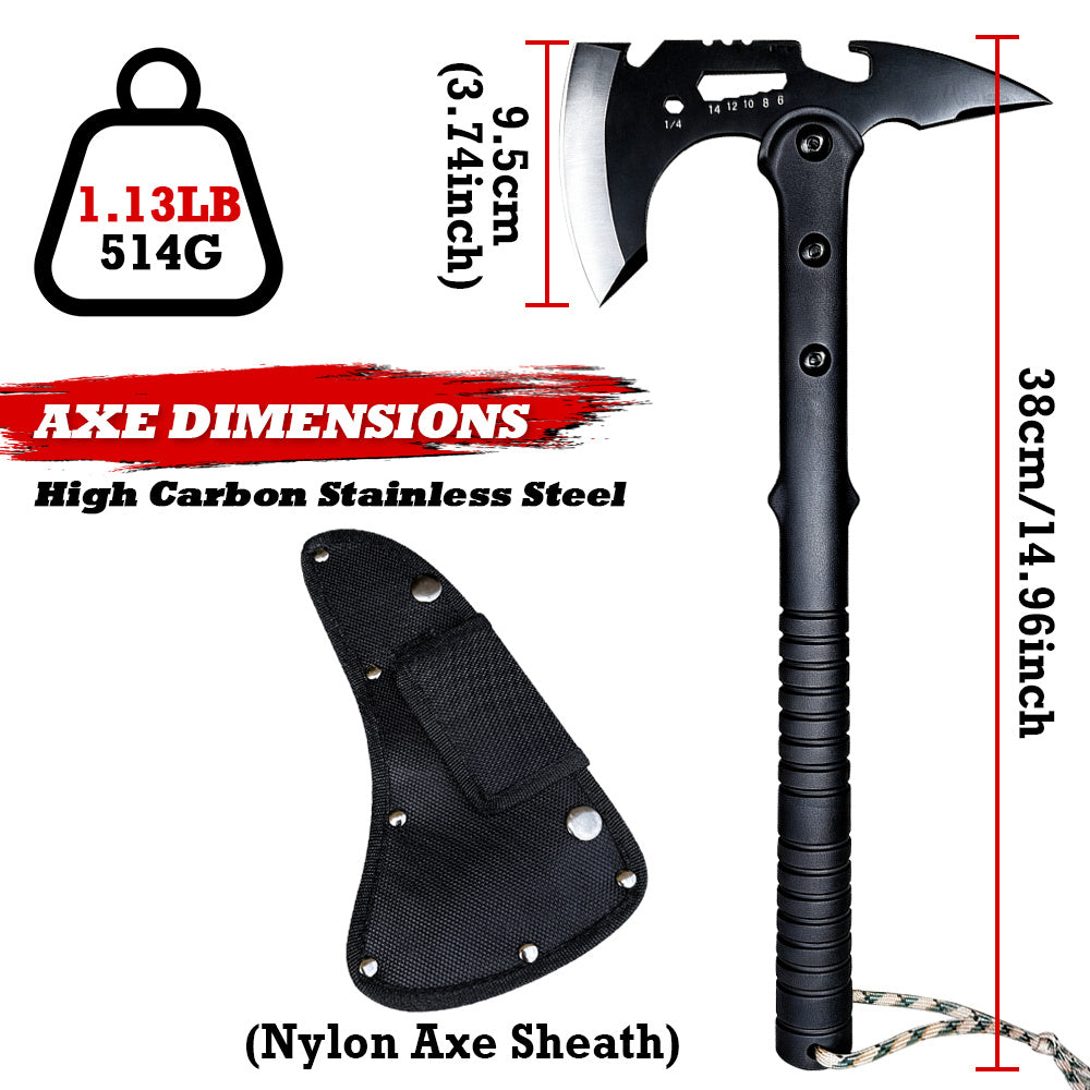 Outdoor Axe, Multifunctional Battle Axe, Camping Hand Axe, All-in-One Combat Axe, Durable and Sturdy Sharpened Blade, Wilderness Firewood-Splitting Survival Axe, 15 inch Tactical Axe with Mountain Lock and Bottle Opener with Sheath Hammer Tomahawk