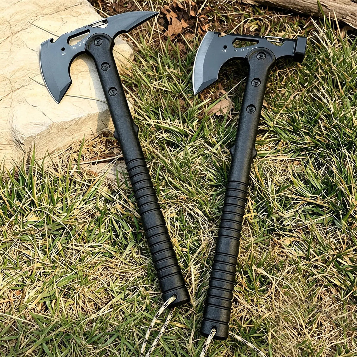 2 Pack Portable Battle Axe Set, Portable Outdoor Hatchet with Sheath, Reinforced Steel Sharp Blade, Window Breaker, Hammer and Multi-Tool Design Tomahawk, Durable Anti-Slip Handle Camping Hatchet Tool for Hiking/Camping/Outdoor Adventure Gear